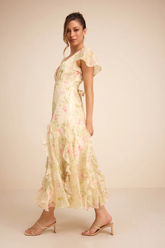 Romantic Floral Print Chiffon Midi V-Neck Flutter Sleeve Open Back Tie Detail Prom Dresses