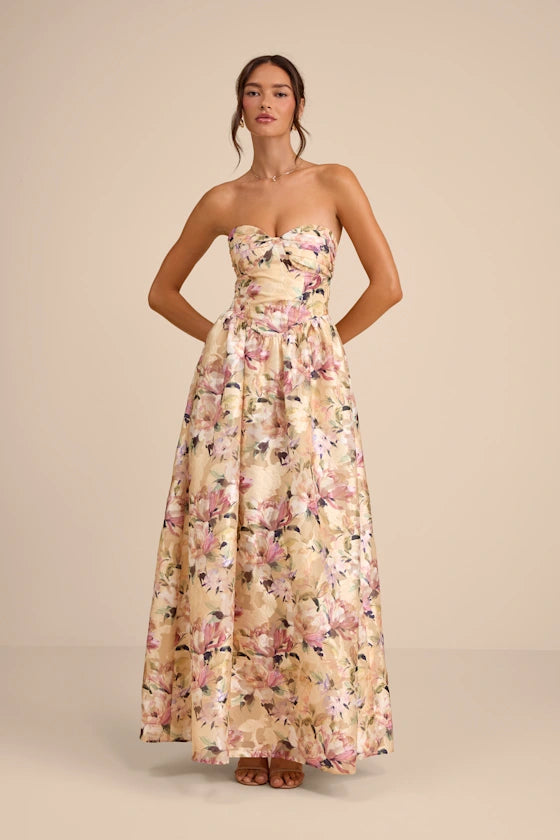 Romantic Floral Print Jacquard Maxi Strapless Sweetheart Neck Sleeveless Open Back Formal Evening Prom Dresses