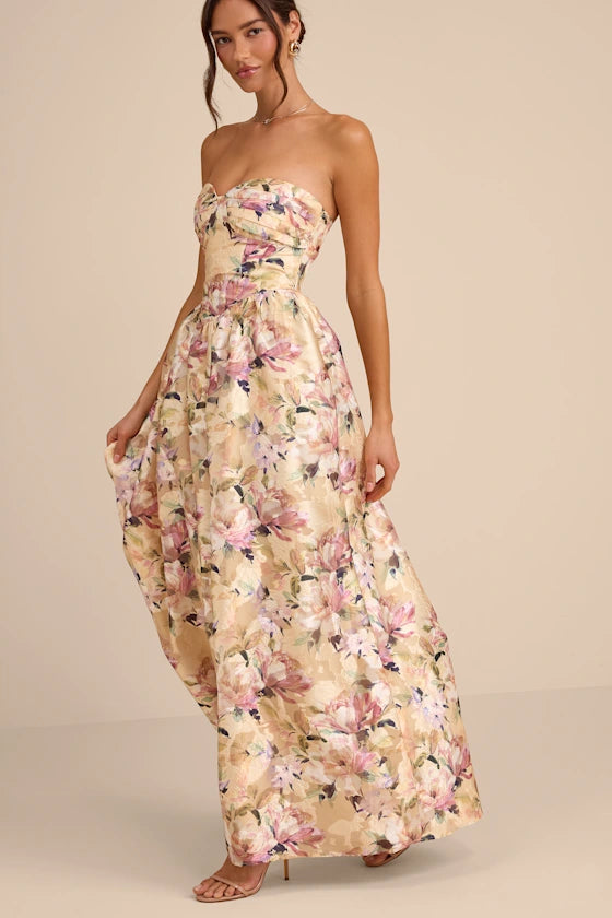 Romantic Floral Print Jacquard Maxi Strapless Sweetheart Neck Sleeveless Open Back Formal Evening Prom Dresses