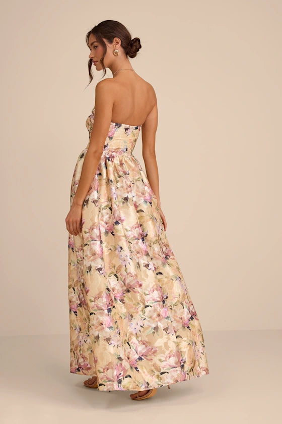 Romantic Floral Print Jacquard Maxi Strapless Sweetheart Neck Sleeveless Open Back Formal Evening Prom Dresses