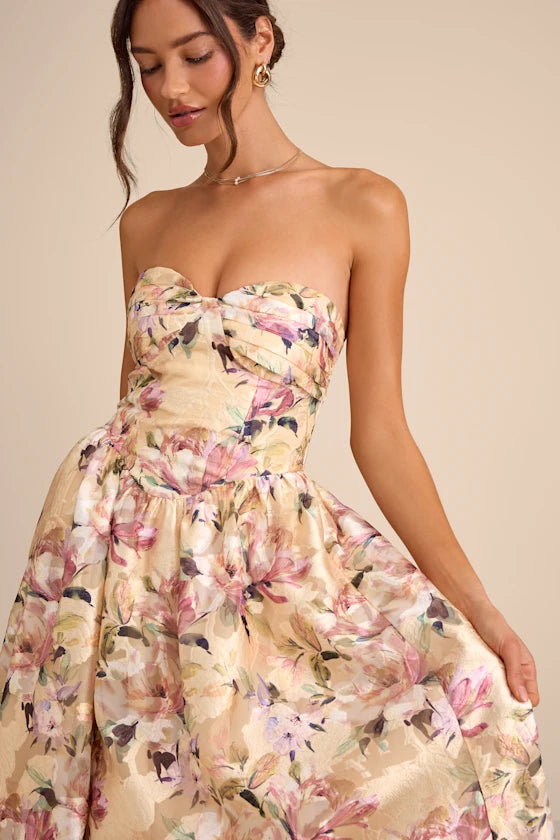 Romantic Floral Print Jacquard Maxi Strapless Sweetheart Neck Sleeveless Open Back Formal Evening Prom Dresses