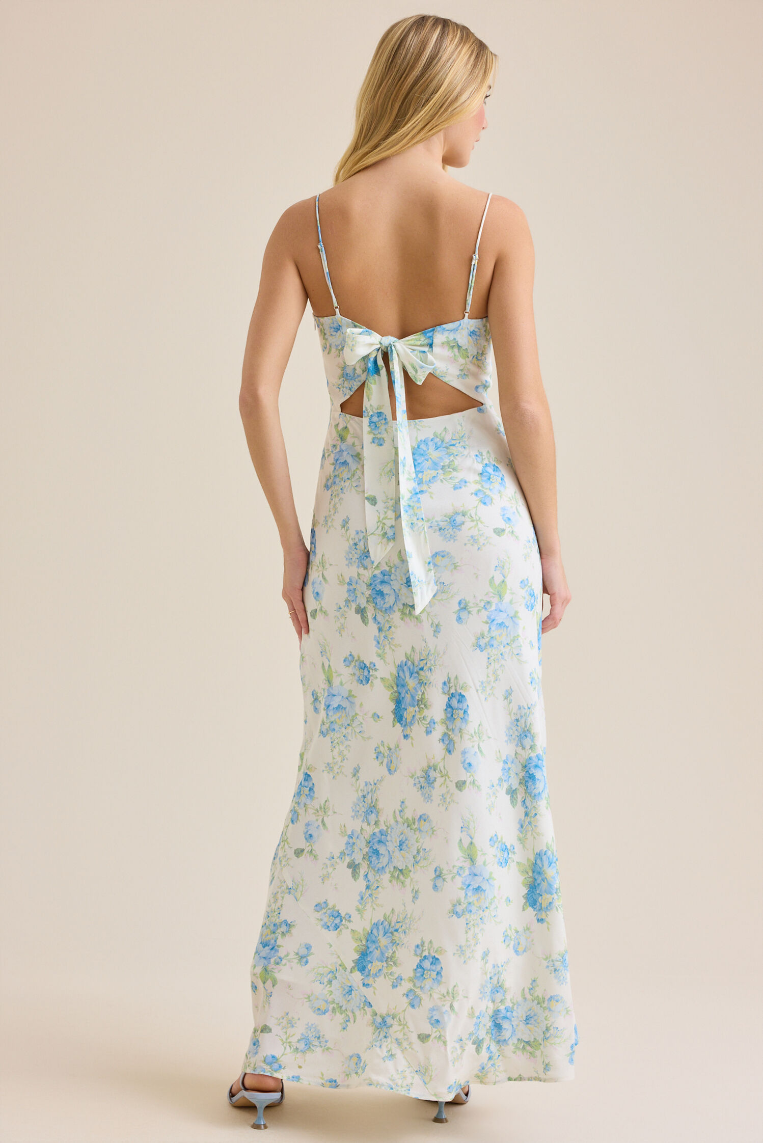 Romantic Floral Print Spaghetti-Strap Back-Bow Cutout A-Line Prom Dresses