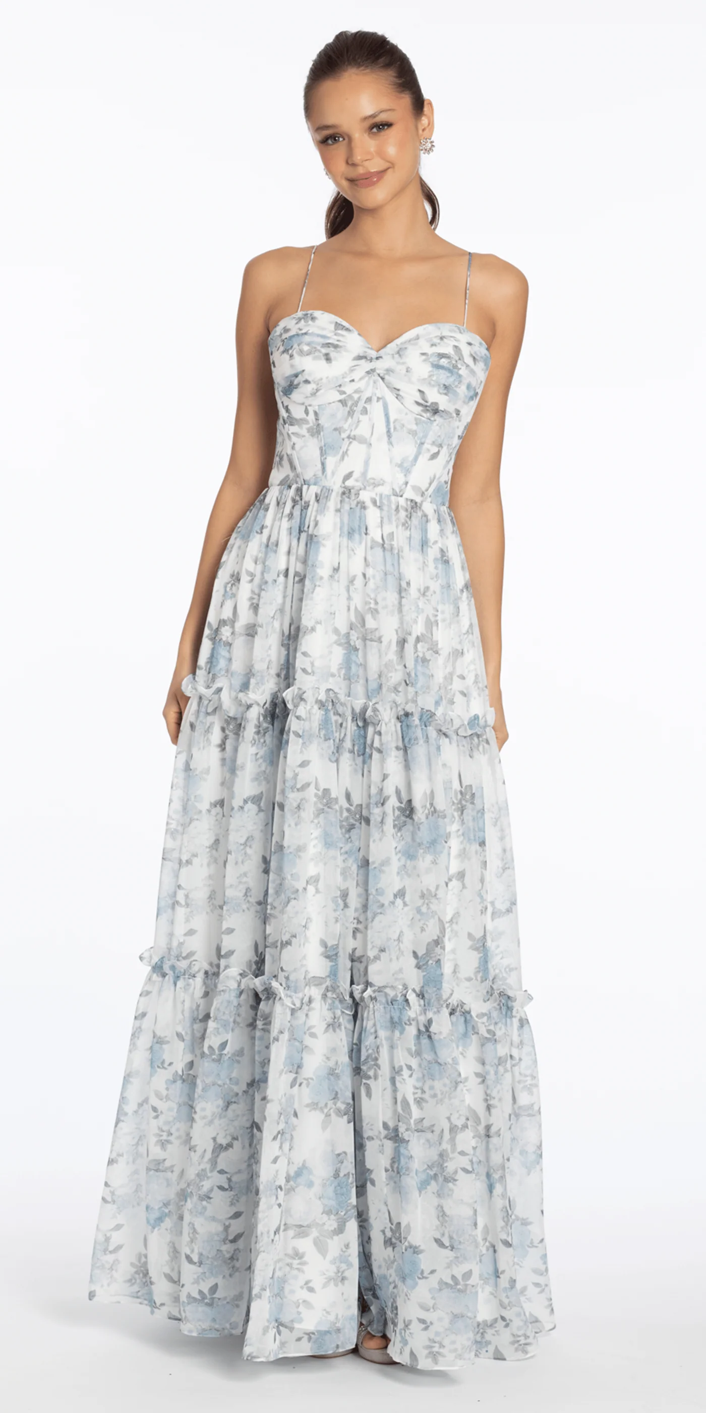 Romantic Floral Print Tiered A-Line Sweetheart Spaghetti Strap Lace-Up Back Floor-Length Prom Dress