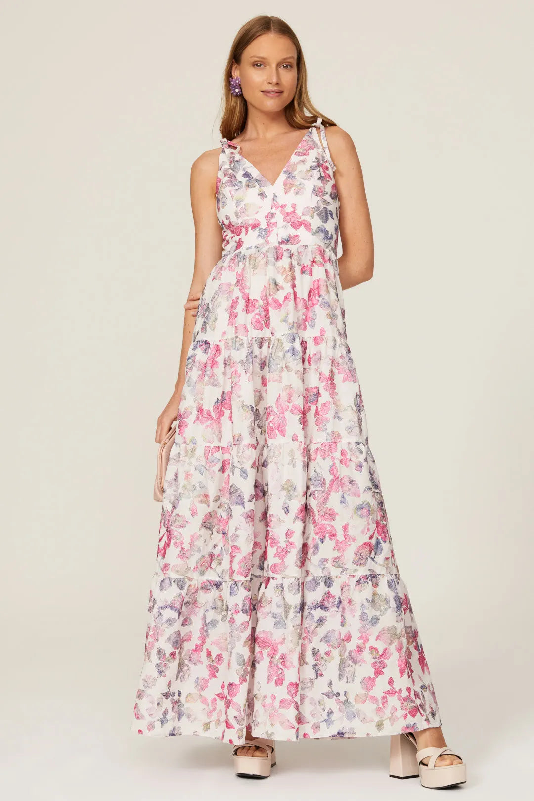 Romantic Floral Print Tiered A-Line V-Neck Tie Strap Backless Floor-Length Prom Dress