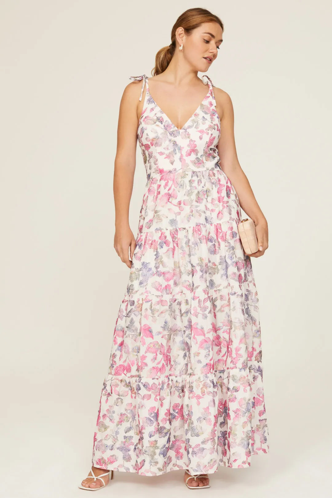 Ivory Chiffon A-Line V-Neck Floor-Length Evening Dress with Tiered Skirt and Tie-Shoulder Straps