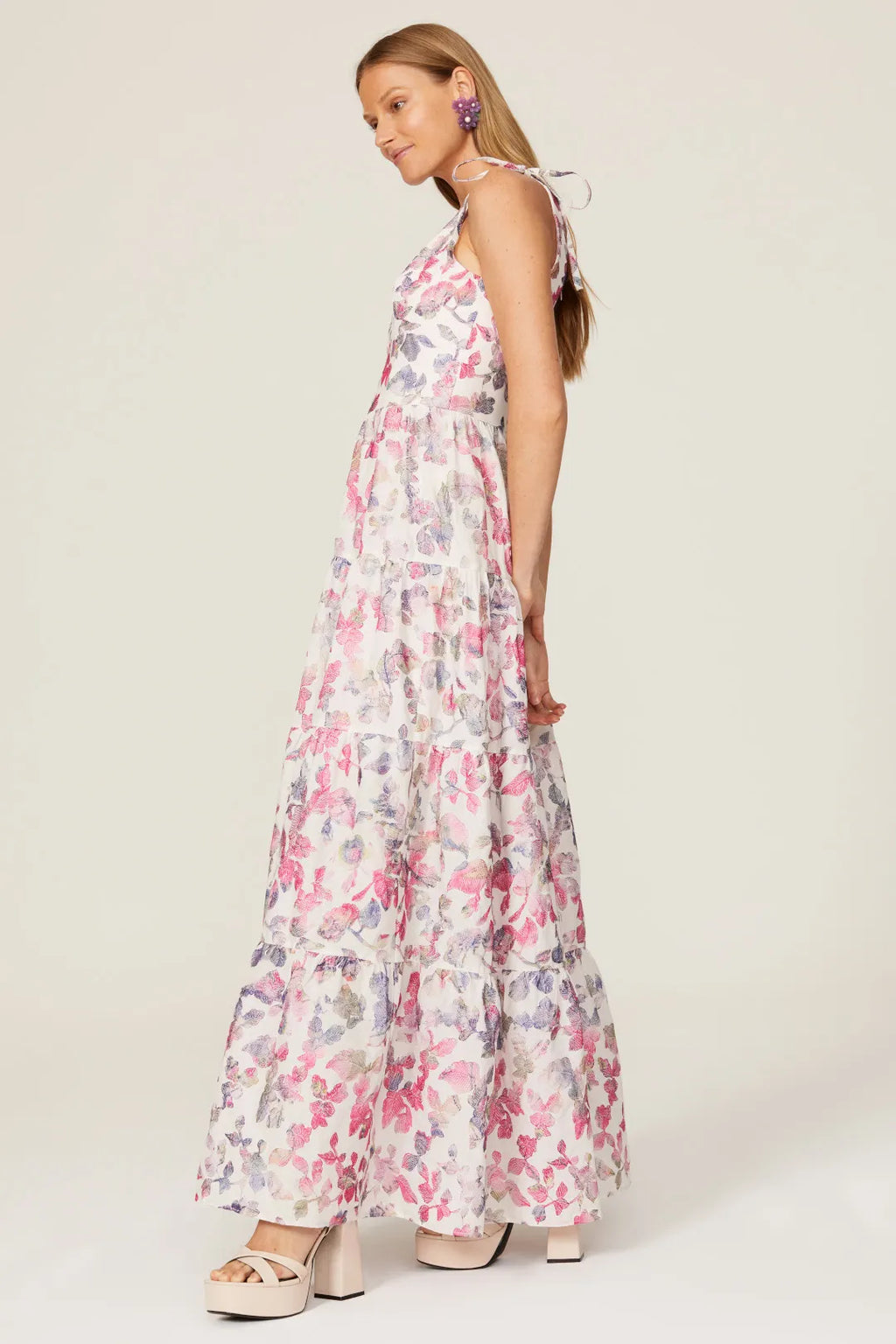 Ivory Chiffon A-Line V-Neck Floor-Length Evening Dress with Tiered Skirt and Tie-Shoulder Straps