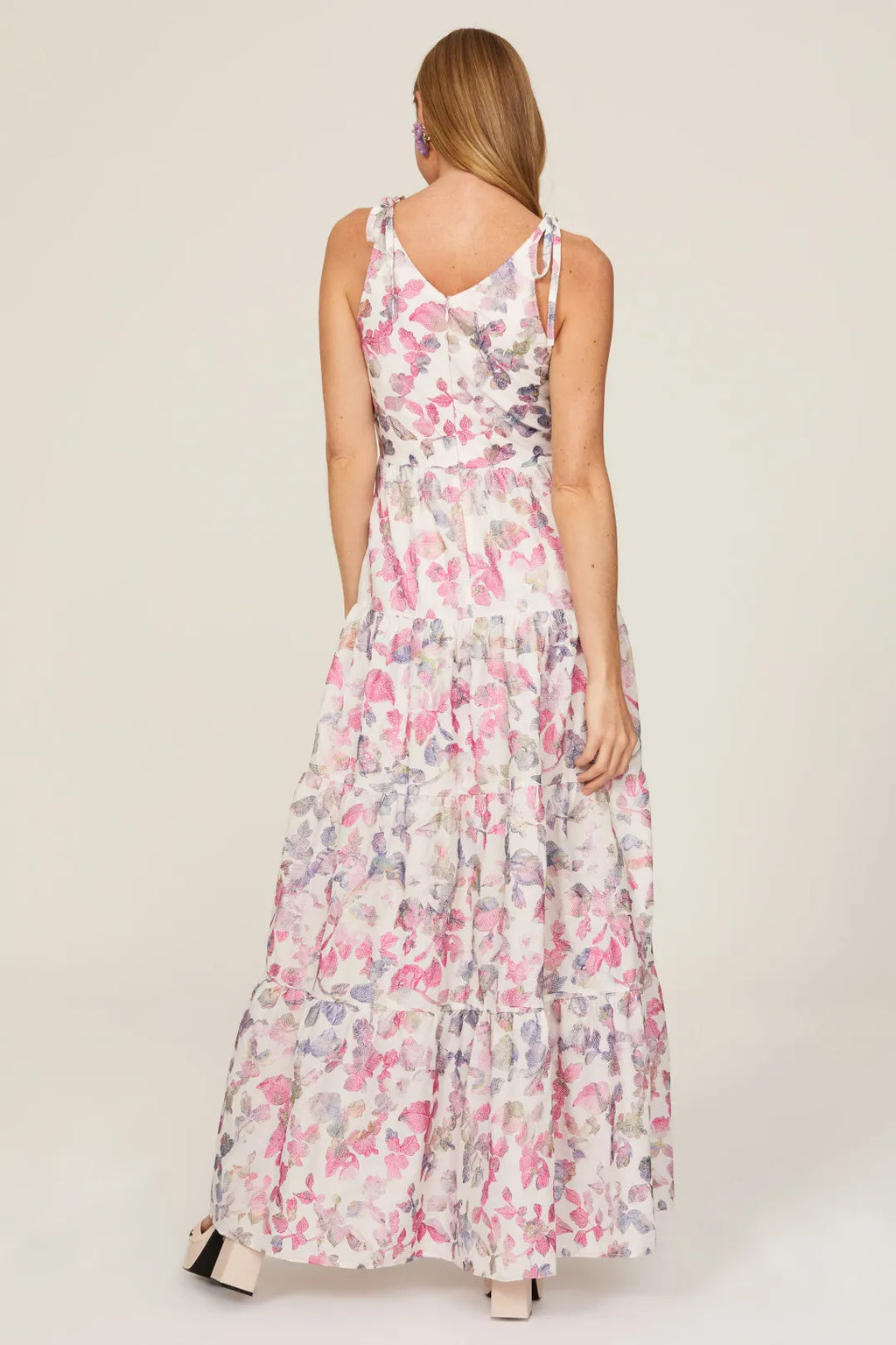 Ivory Chiffon A-Line V-Neck Floor-Length Evening Dress with Tiered Skirt and Tie-Shoulder Straps
