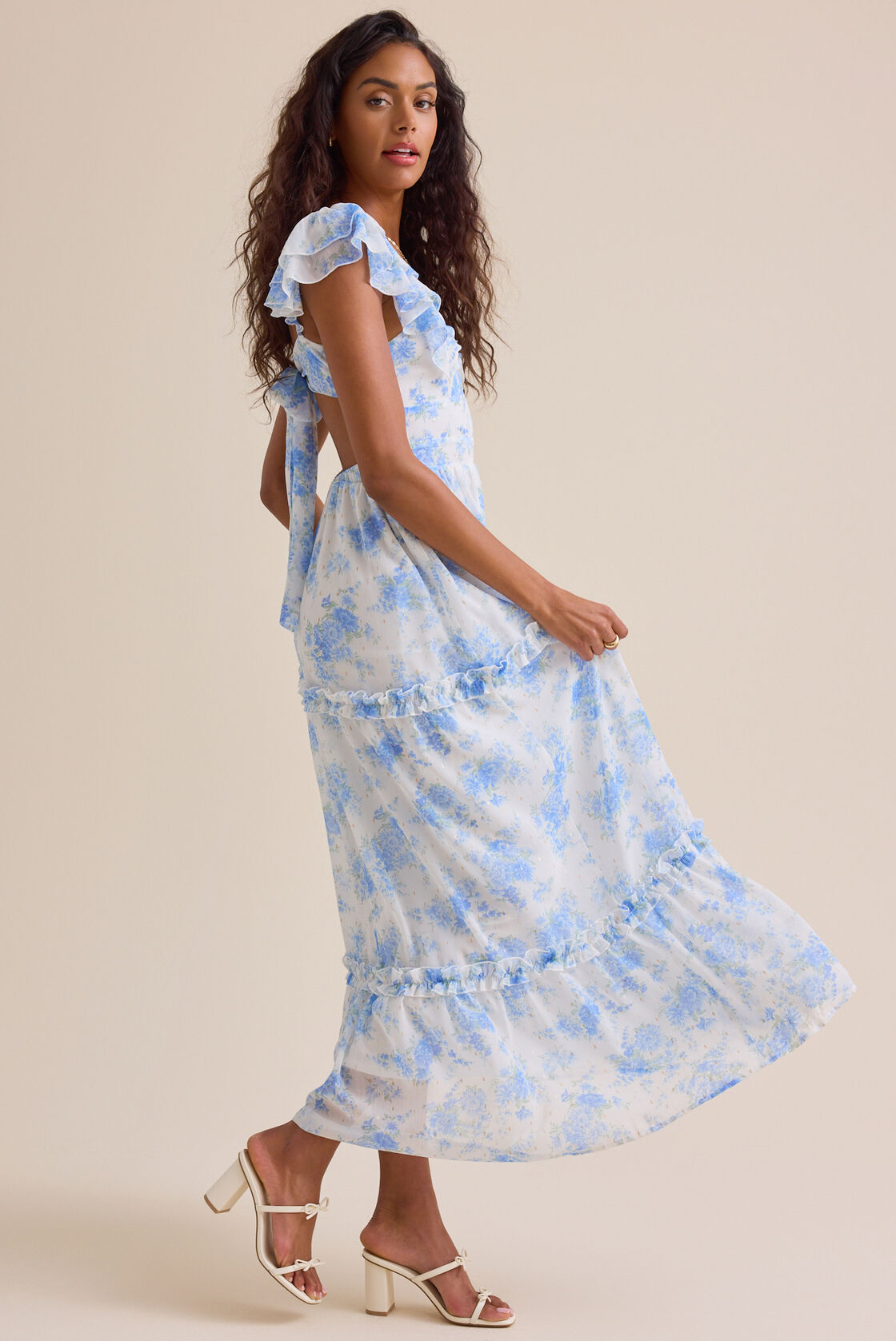Romantic Floral Print Tiered Ruffle Off-the-Shoulder Back-Bow Prom Dresses