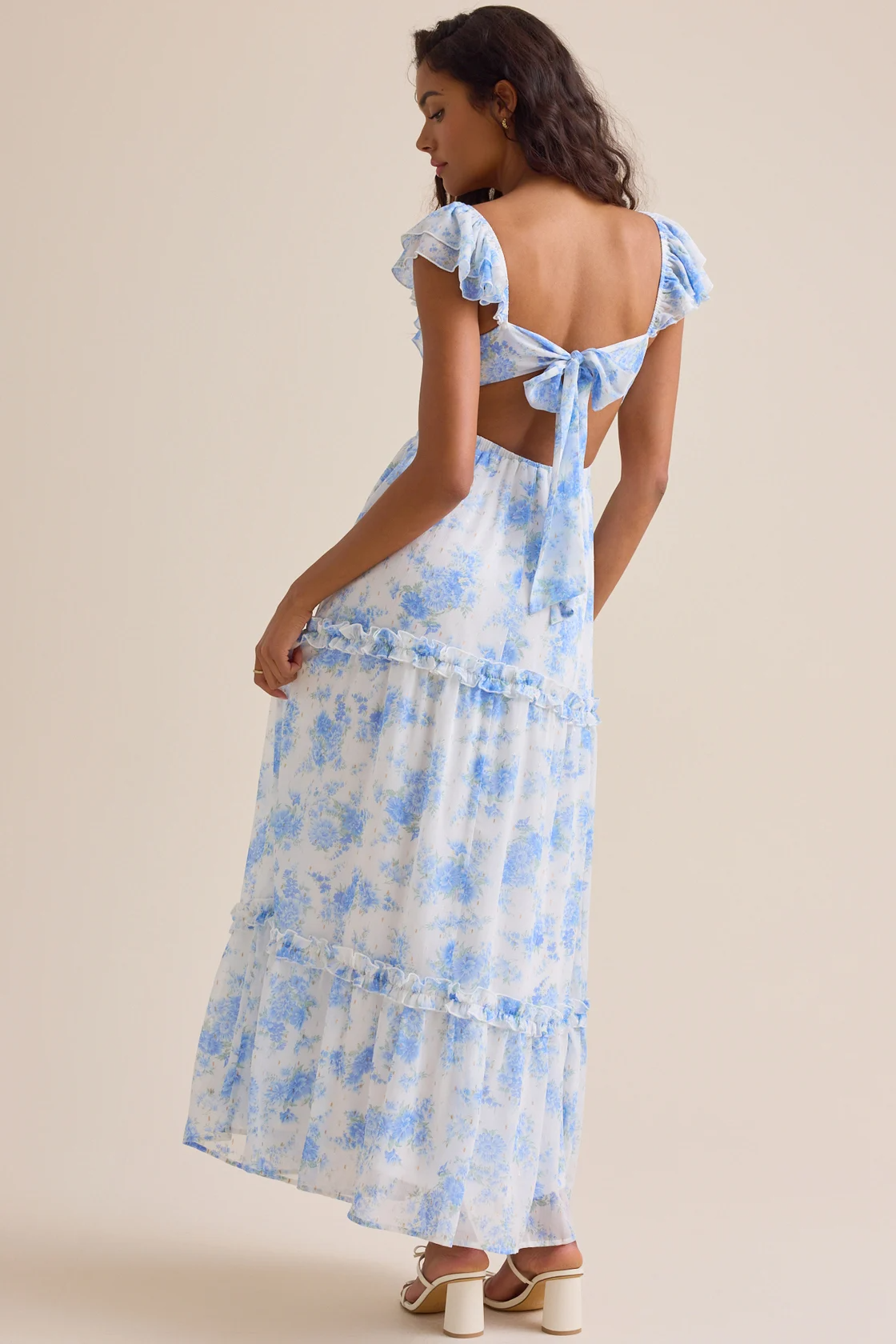 Romantic Floral Print Tiered Ruffle Off-the-Shoulder Back-Bow Prom Dresses