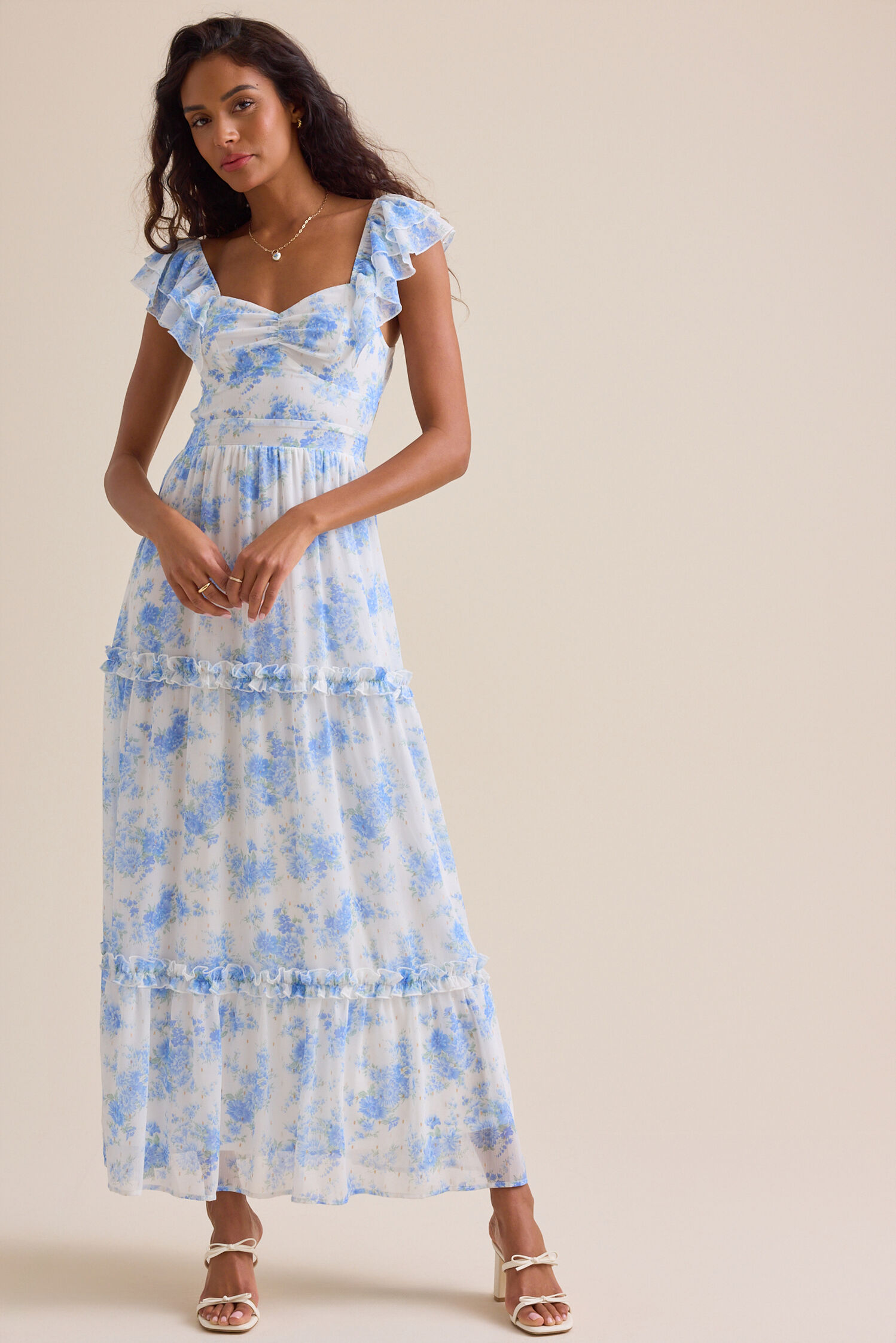 Romantic Floral Print Tiered Ruffle Off-the-Shoulder Back-Bow Prom Dresses
