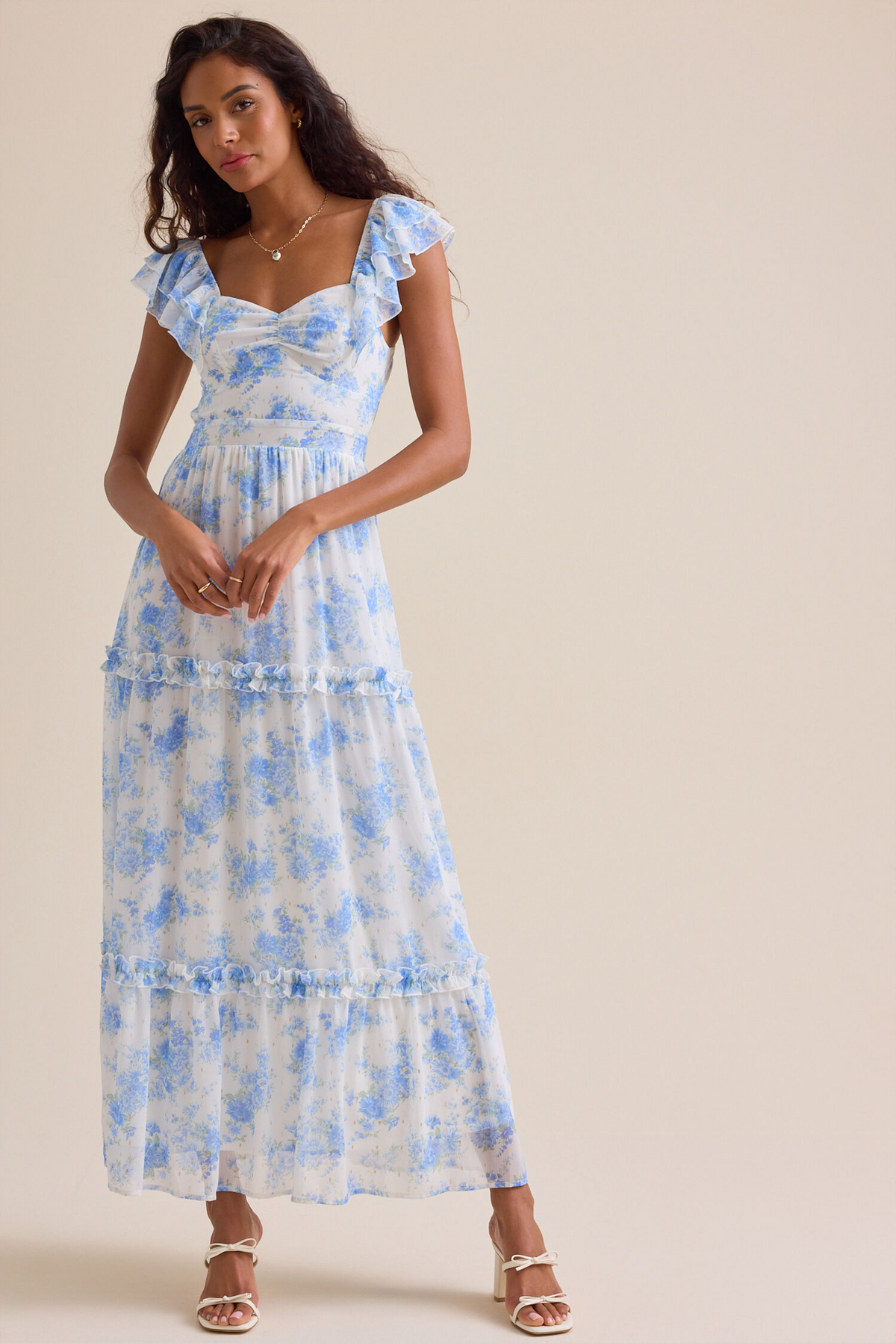 White Floral Chiffon A-Line Ankle-Length Sweetheart Dress with Shirred Bodice