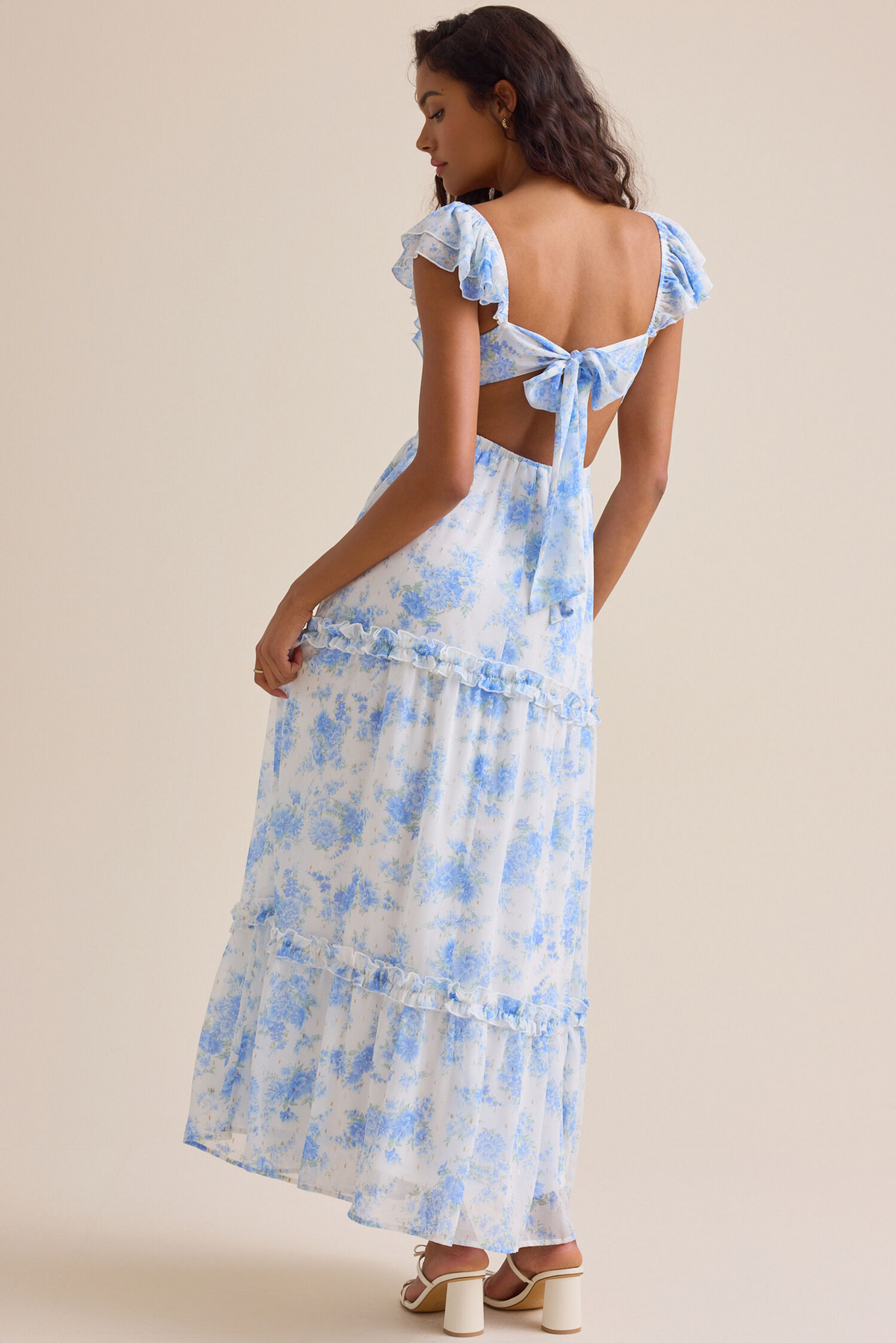 White Floral Chiffon A-Line Ankle-Length Sweetheart Dress with Shirred Bodice