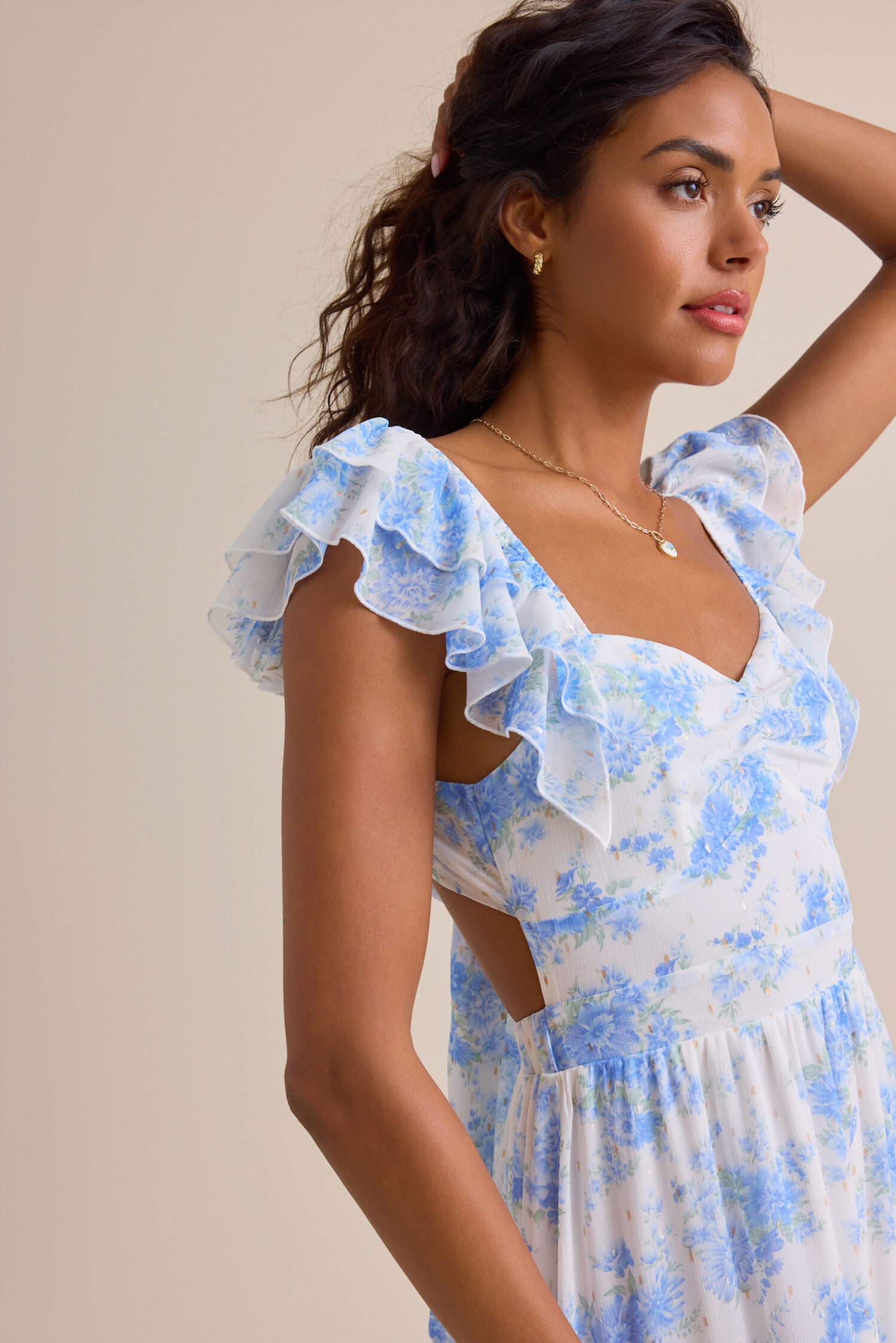 Romantic Floral Print Tiered Ruffle Off-the-Shoulder Back-Bow Prom Dresses