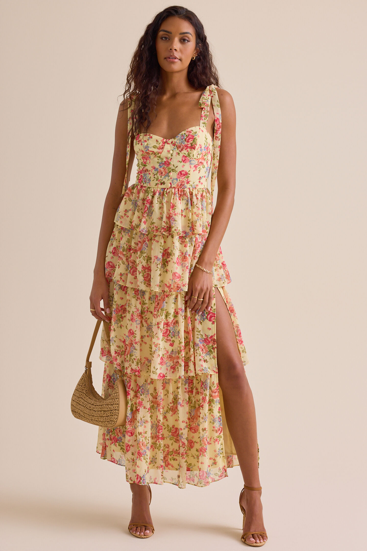 Romantic Floral Print Tiered Ruffle Tie-Shoulder Corset Prom Dresses