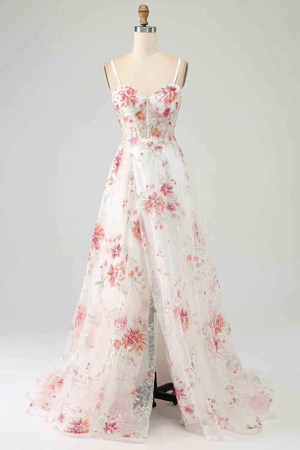 Romantic Floral Sequin Tulle Prom Dress with Lace-Up Back and High Slit