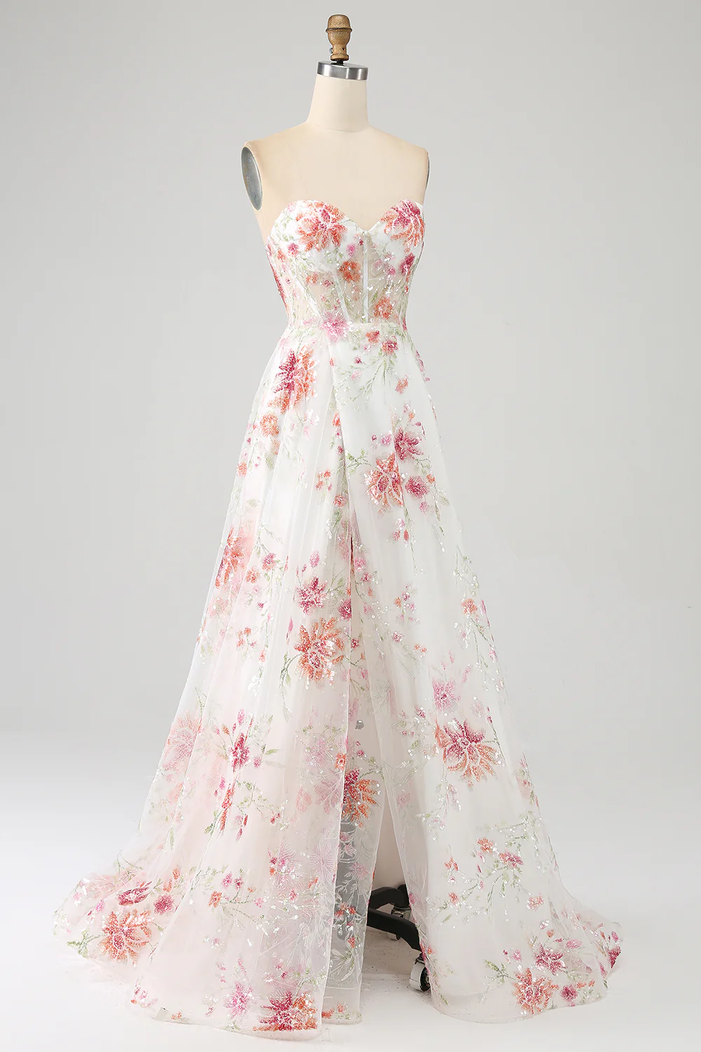 Romantic Floral Sequin Tulle Prom Dress with Lace-Up Back and High Slit