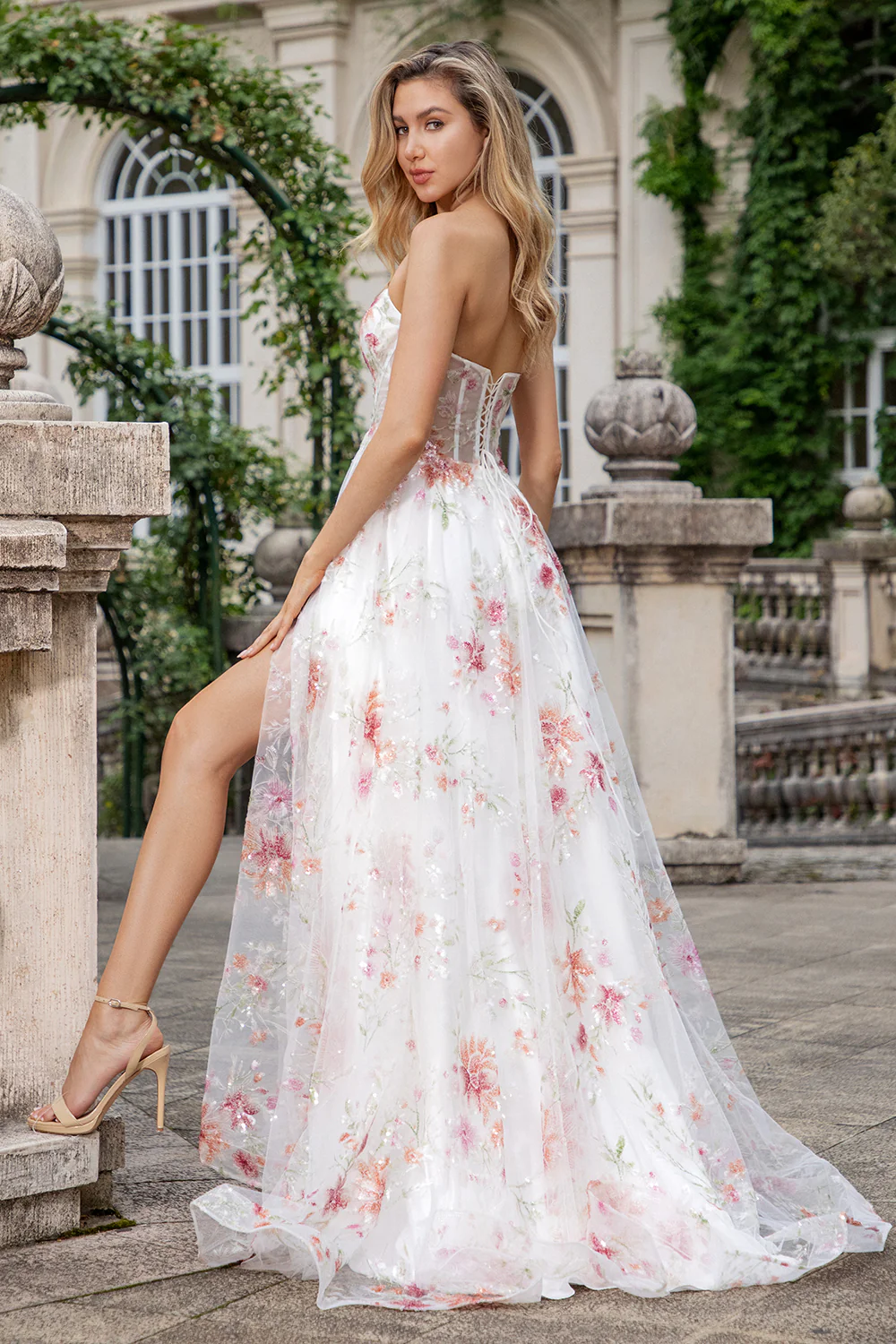 Romantic Floral Sequin Tulle Prom Dress with Lace-Up Back and High Slit