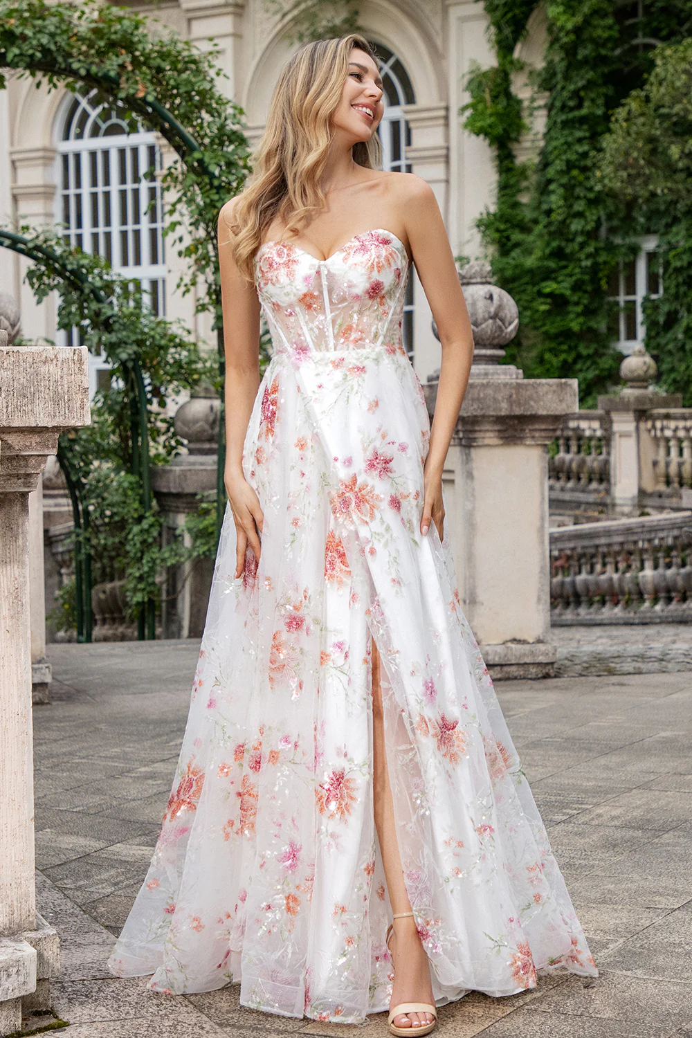 Romantic Floral Sequin Tulle Prom Dress with Lace-Up Back and High Slit