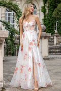 Ivory Tulle A-Line Floor-Length Gown with Sweetheart Neckline, Floral Embroidery & High Slit