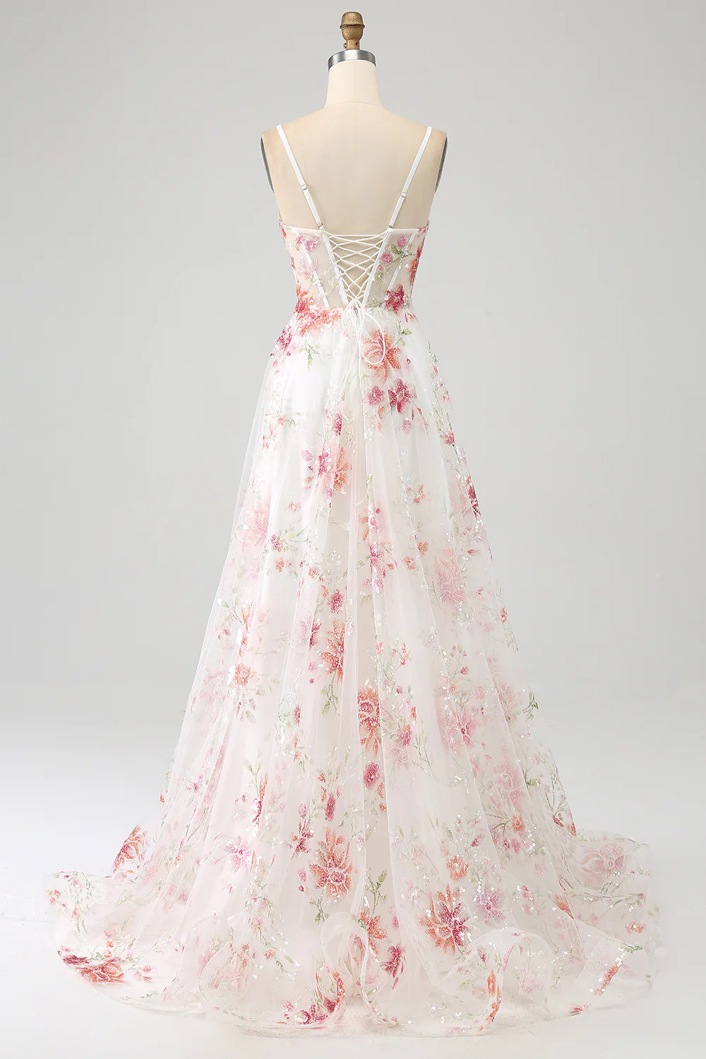 Romantic Floral Sequin Tulle Prom Dress with Lace-Up Back and High Slit