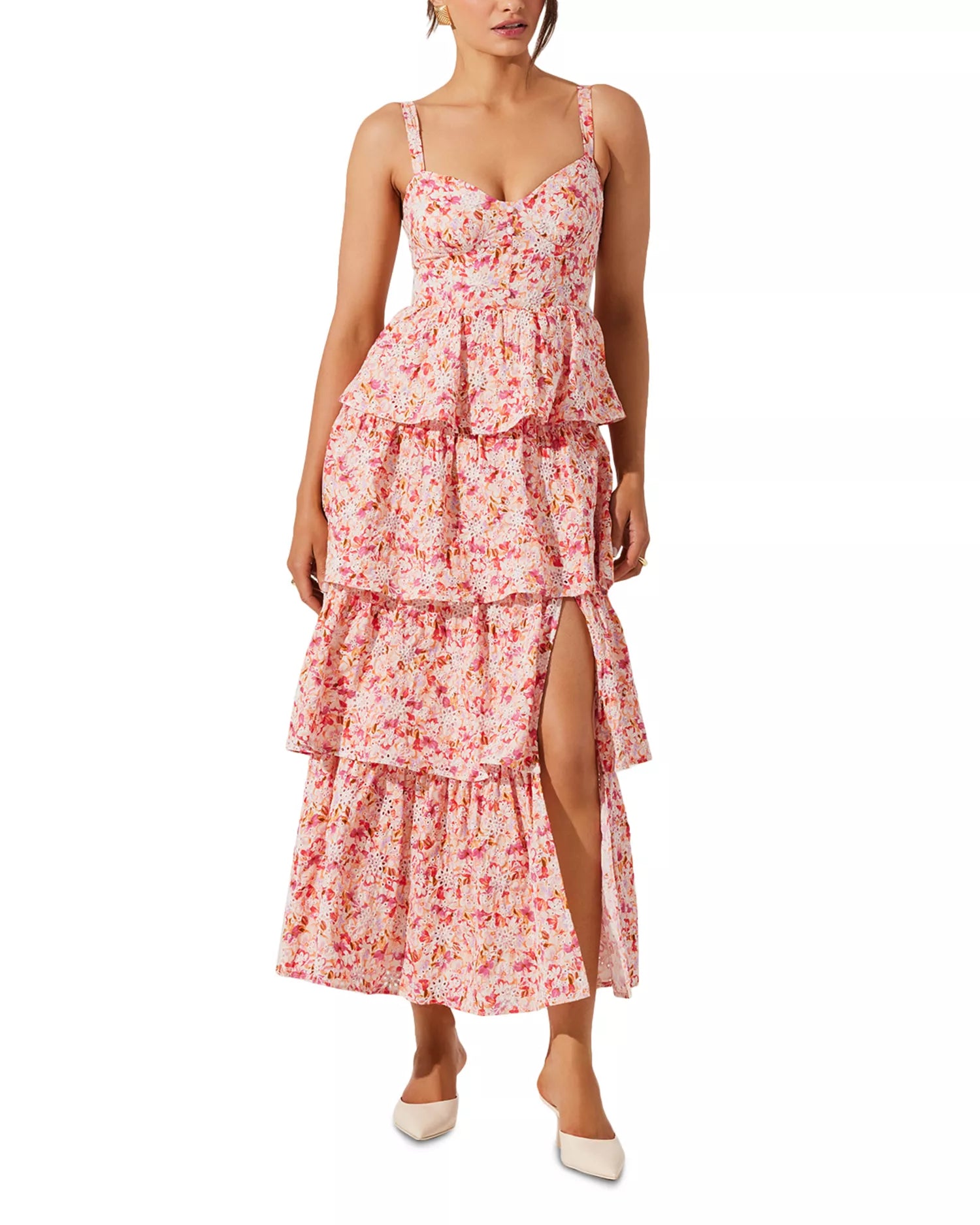 Romantic Floral Sweetheart Tiered Ruffle Eyelet High Slit Ankle-Length Prom Dress