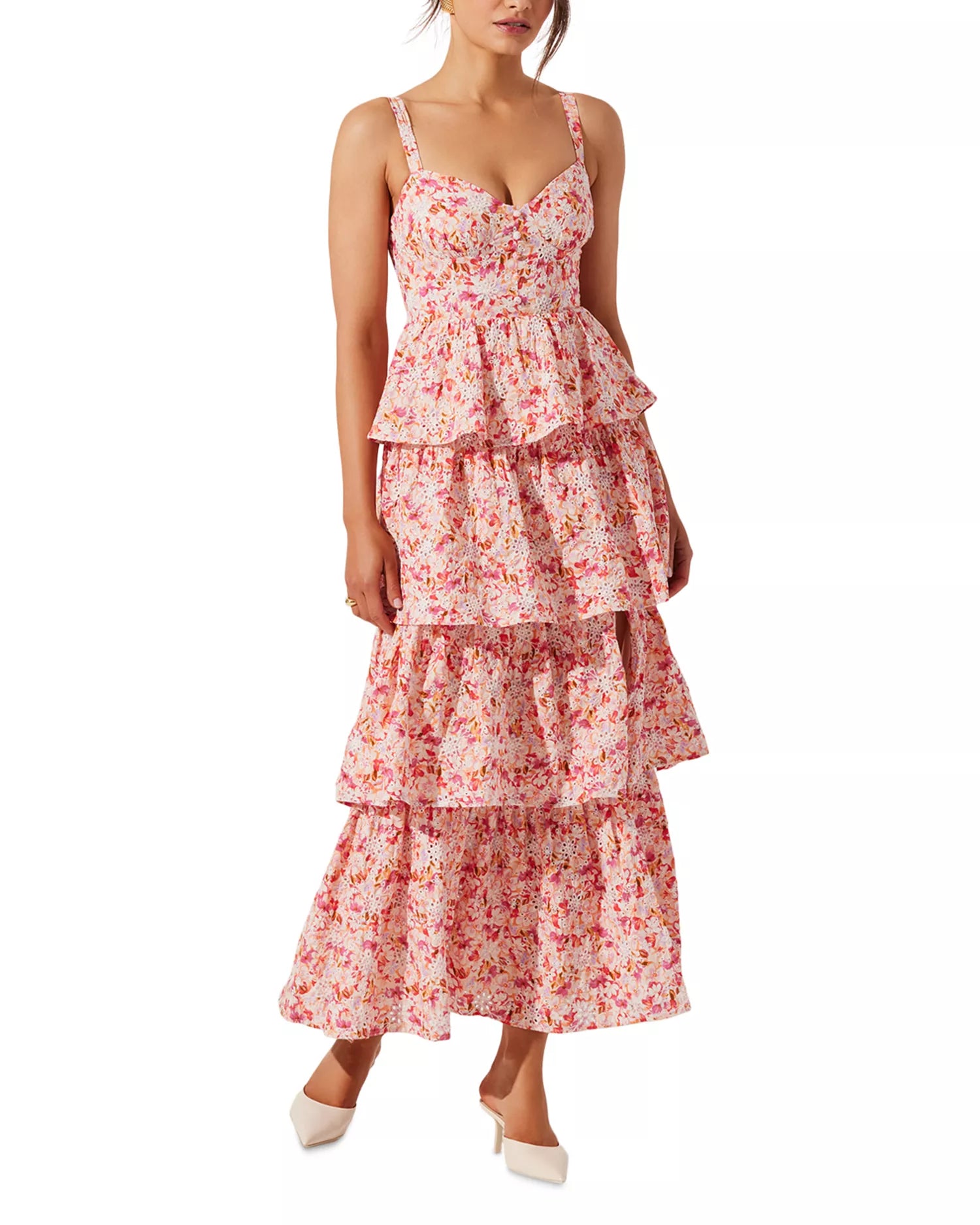 Romantic Floral Sweetheart Tiered Ruffle Eyelet High Slit Ankle-Length Prom Dress