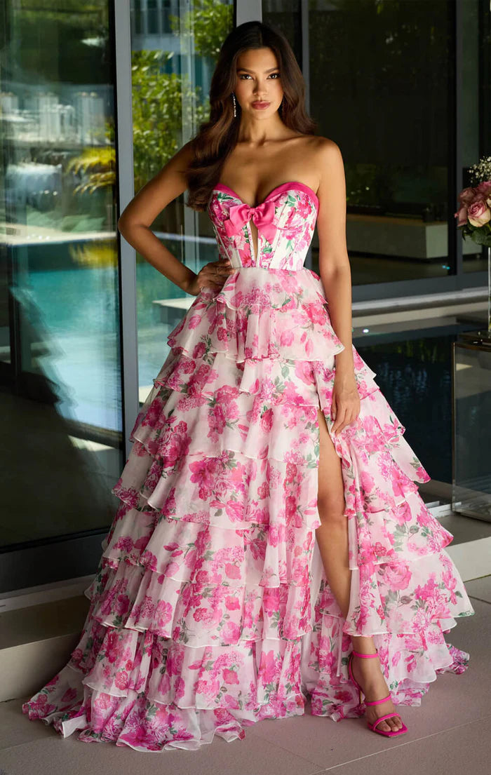 Romantic Floral Tiered Ruffle Strapless Bow Detail High Slit Chiffon Prom Dress