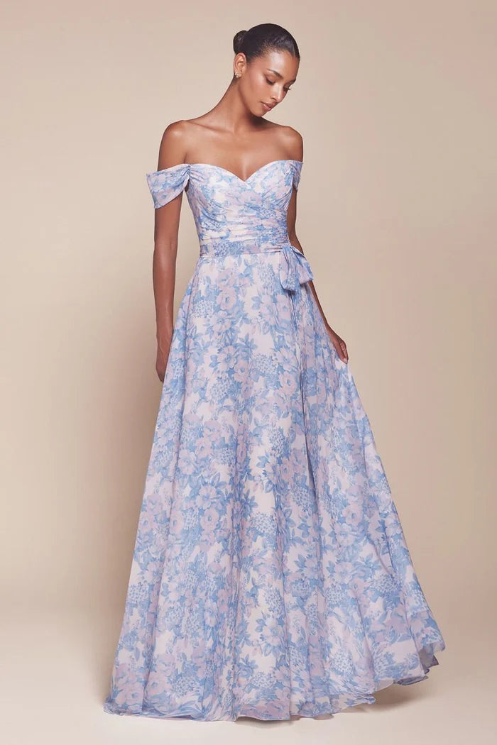 Romantic Flowy A-Line Off-Shoulder Ruffled Cap Sleeve V-Back Floor-Length Chiffon Prom Dress