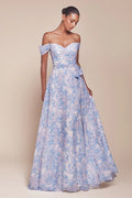 Blue Chiffon Off-the-Shoulder A-Line Floor-Length Bridesmaid Dress