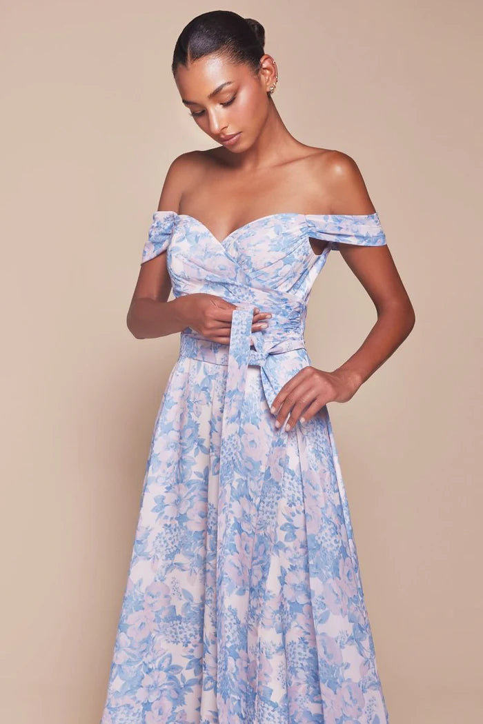 Romantic Flowy A-Line Off-Shoulder Ruffled Cap Sleeve V-Back Floor-Length Chiffon Prom Dress