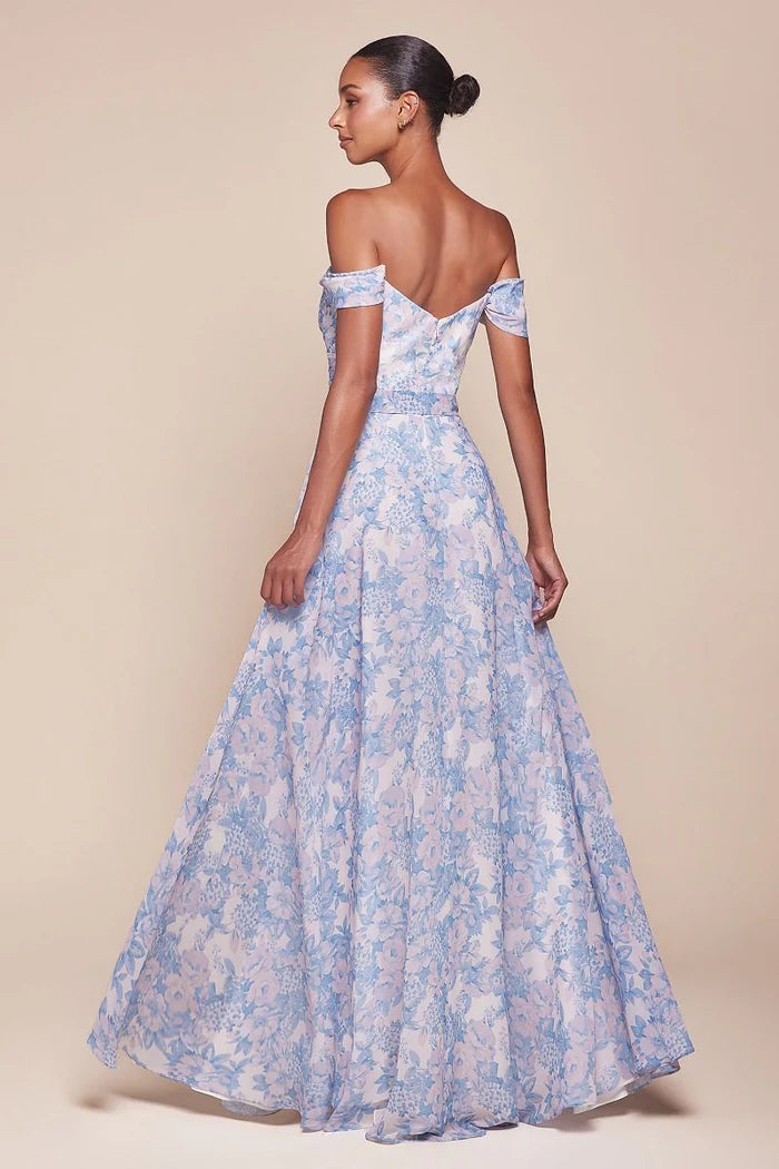 Romantic Flowy A-Line Off-Shoulder Ruffled Cap Sleeve V-Back Floor-Length Chiffon Prom Dress
