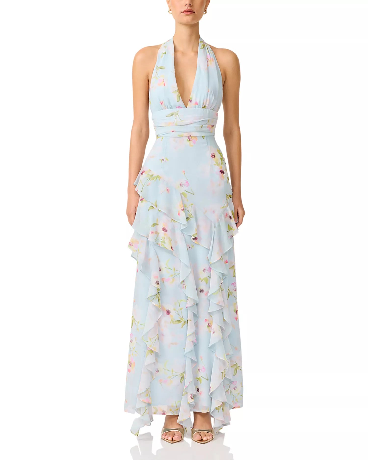 Romantic Flowy Floral Halter V-Neck Sleeveless Ruffled High Slit Floor-Length Prom Dress