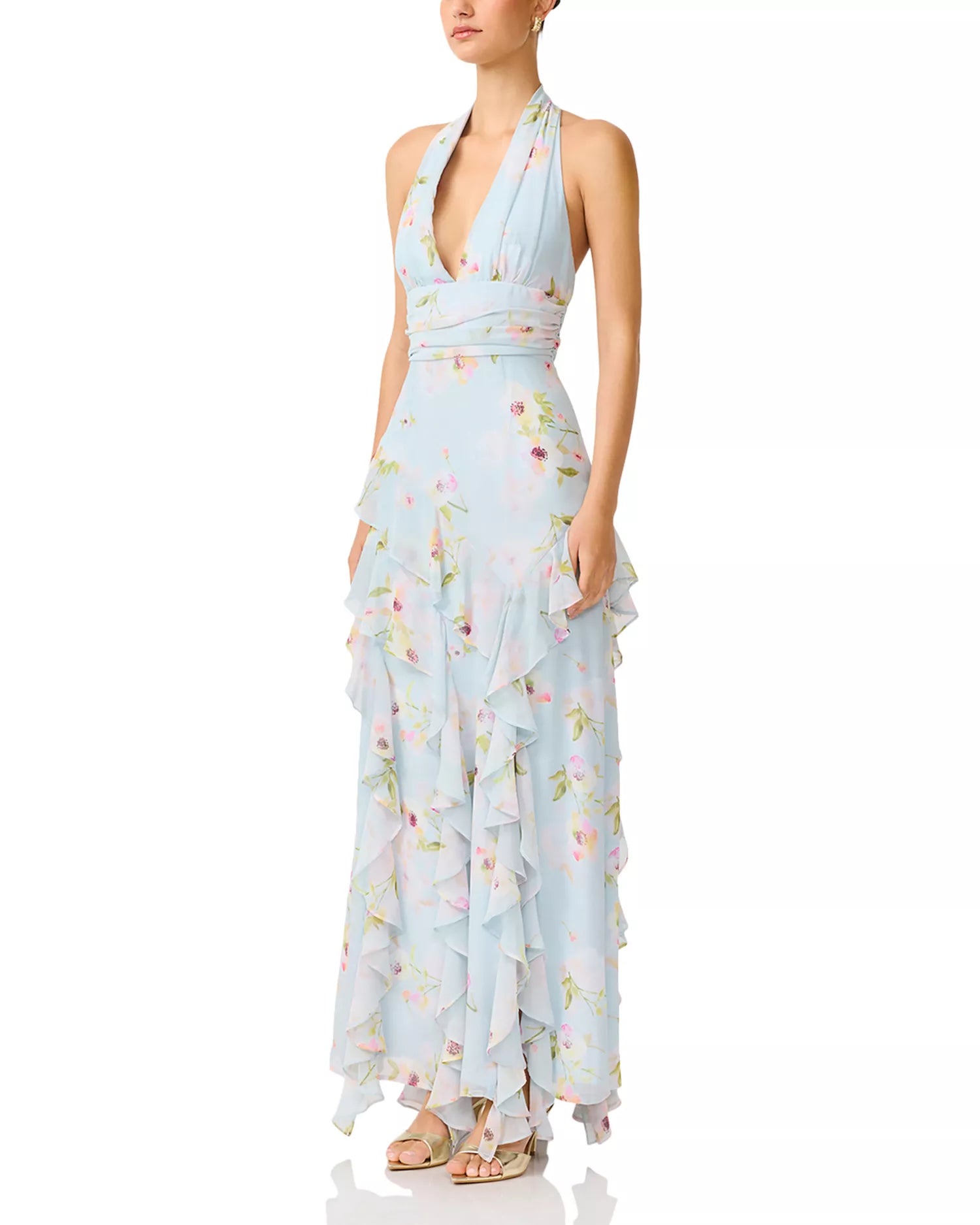 Romantic Flowy Floral Halter V-Neck Sleeveless Ruffled High Slit Floor-Length Prom Dress