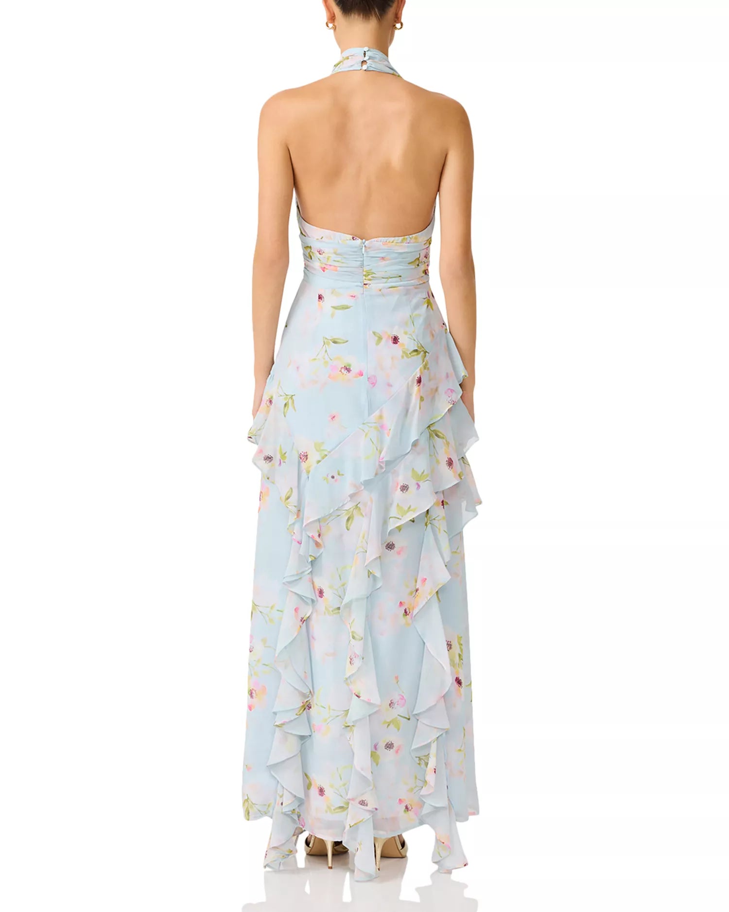 Romantic Flowy Floral Halter V-Neck Sleeveless Ruffled High Slit Floor-Length Prom Dress