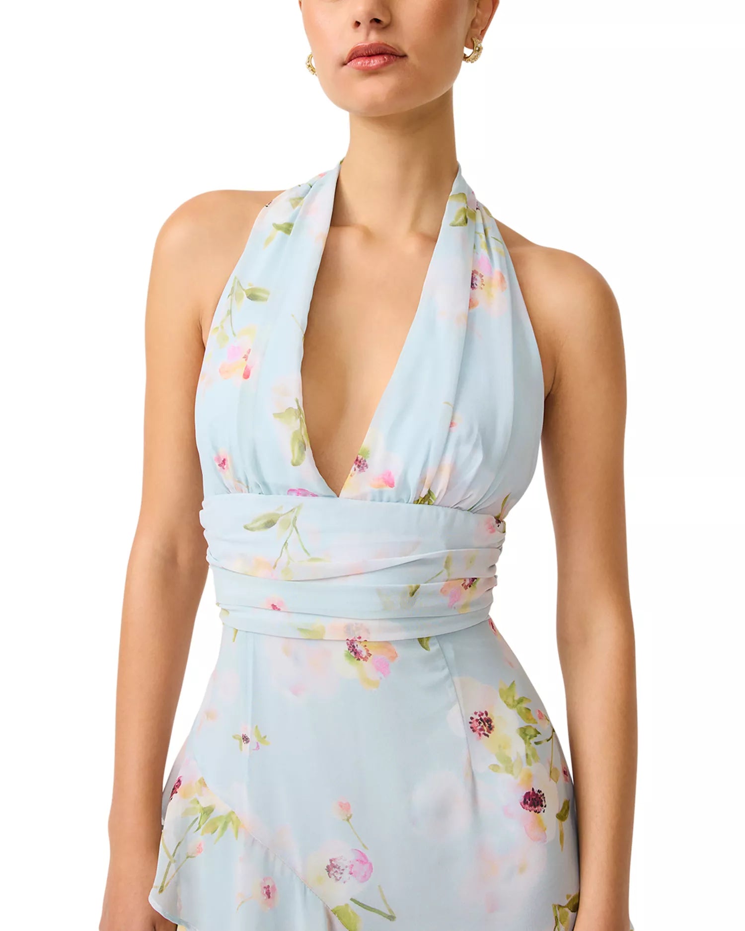 Romantic Flowy Floral Halter V-Neck Sleeveless Ruffled High Slit Floor-Length Prom Dress