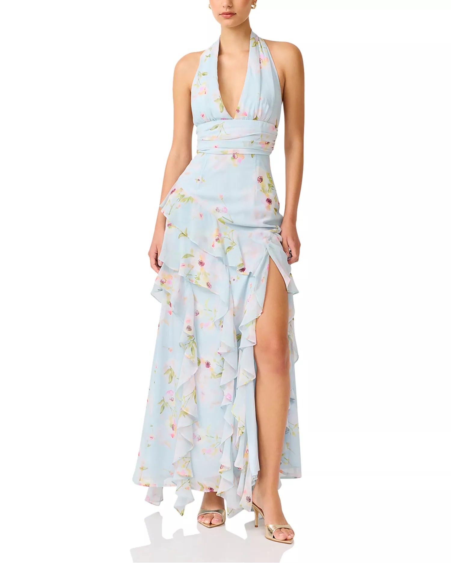 Romantic Flowy Floral Halter V-Neck Sleeveless Ruffled High Slit Floor-Length Prom Dress
