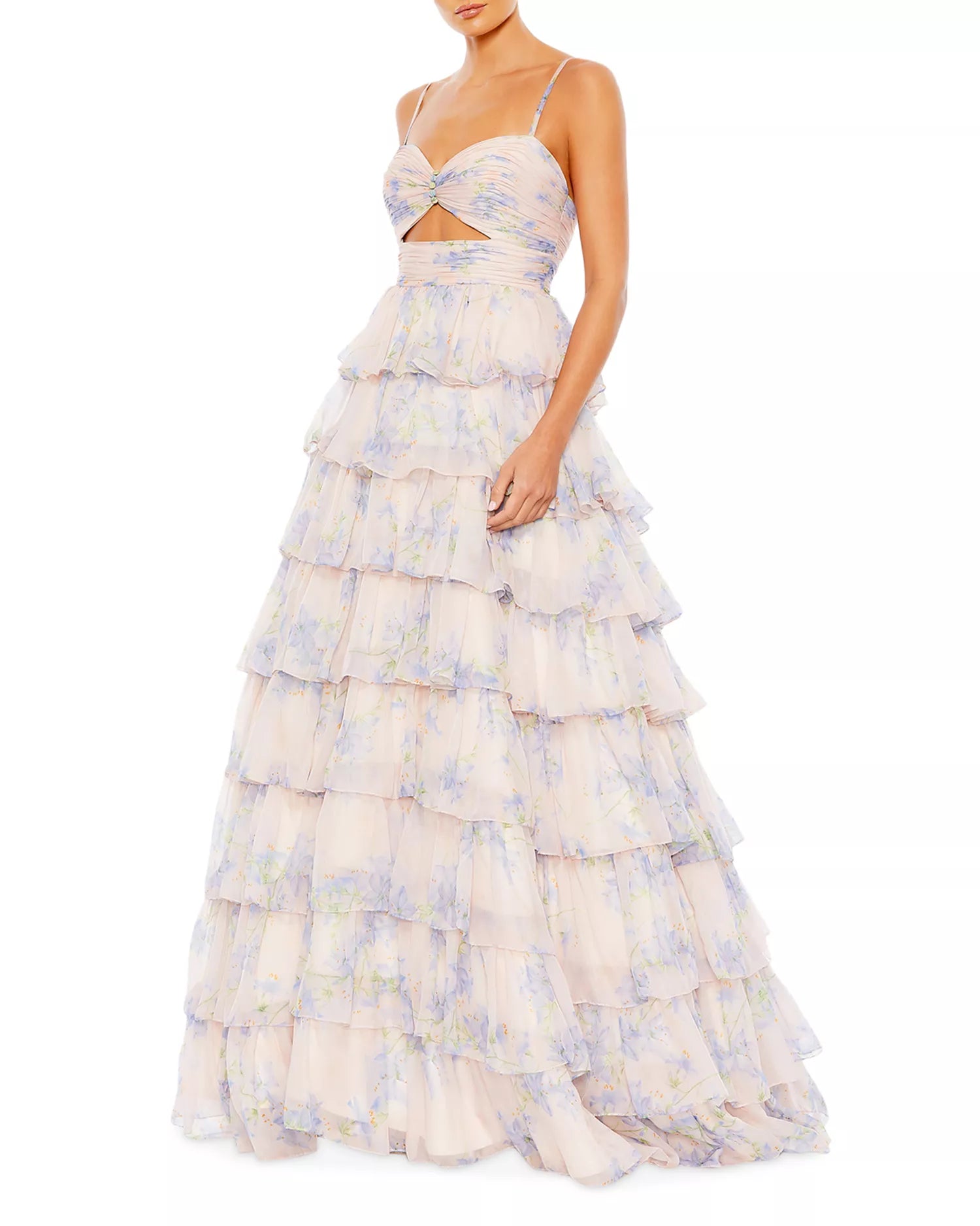 Romantic Flowy Floral Spaghetti Strap Sweetheart Cutout Tiered Ruffle Floor-Length Prom Dress