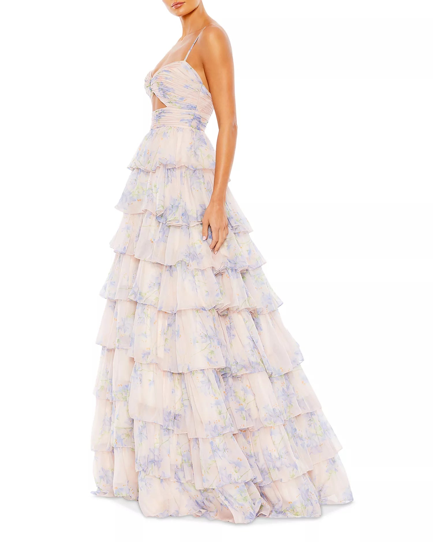 Romantic Flowy Floral Spaghetti Strap Sweetheart Cutout Tiered Ruffle Floor-Length Prom Dress