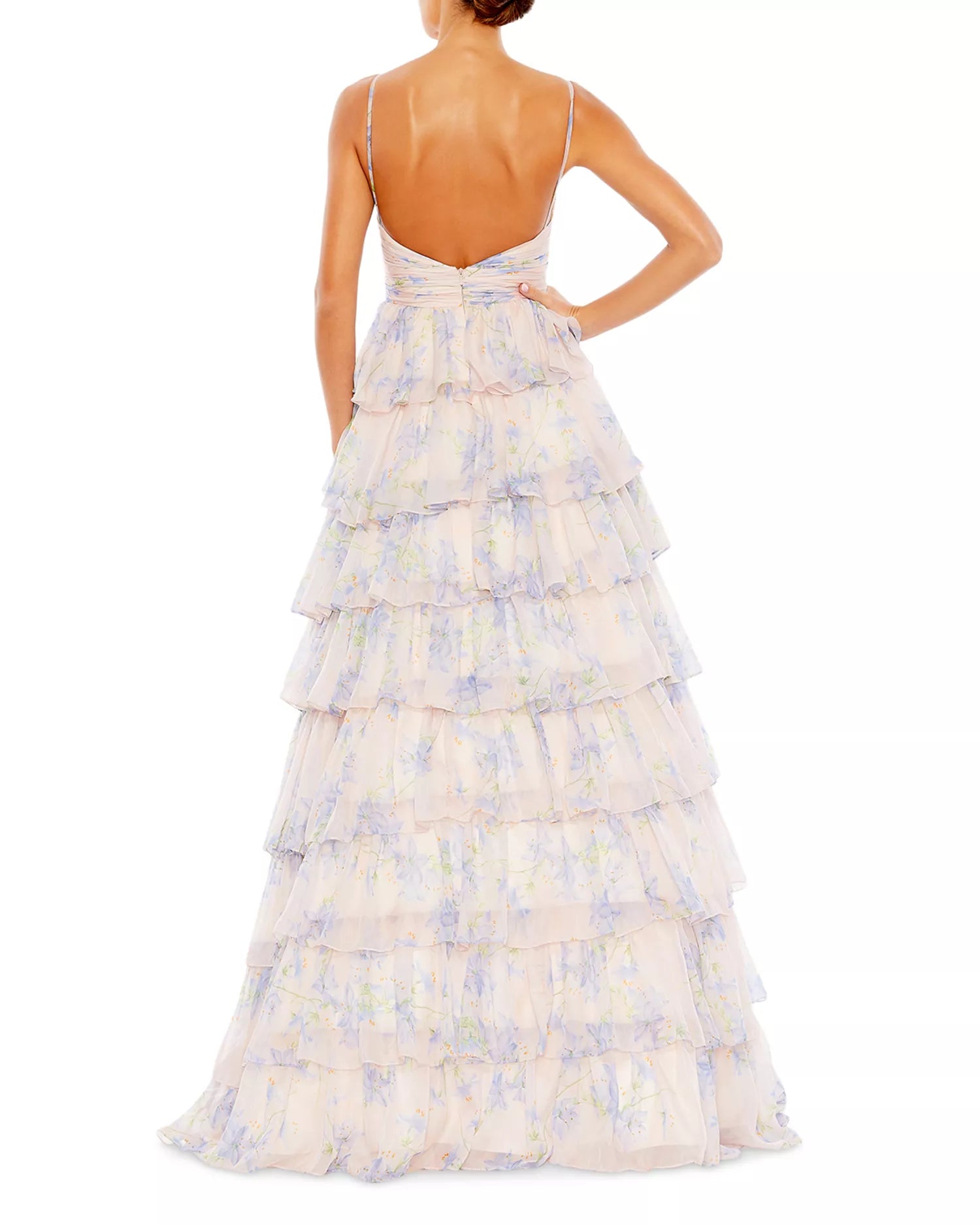 Romantic Flowy Floral Spaghetti Strap Sweetheart Cutout Tiered Ruffle Floor-Length Prom Dress