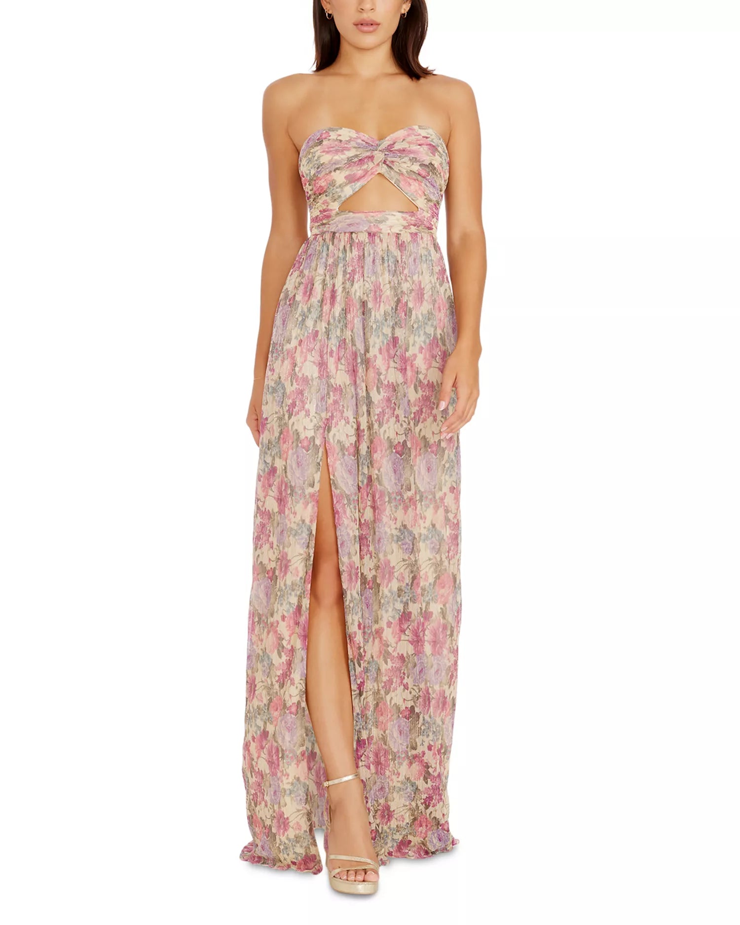 Romantic Flowy Floral Strapless Twist-Front Cutout Sleeveless High Slit Floor-Length Prom Dress