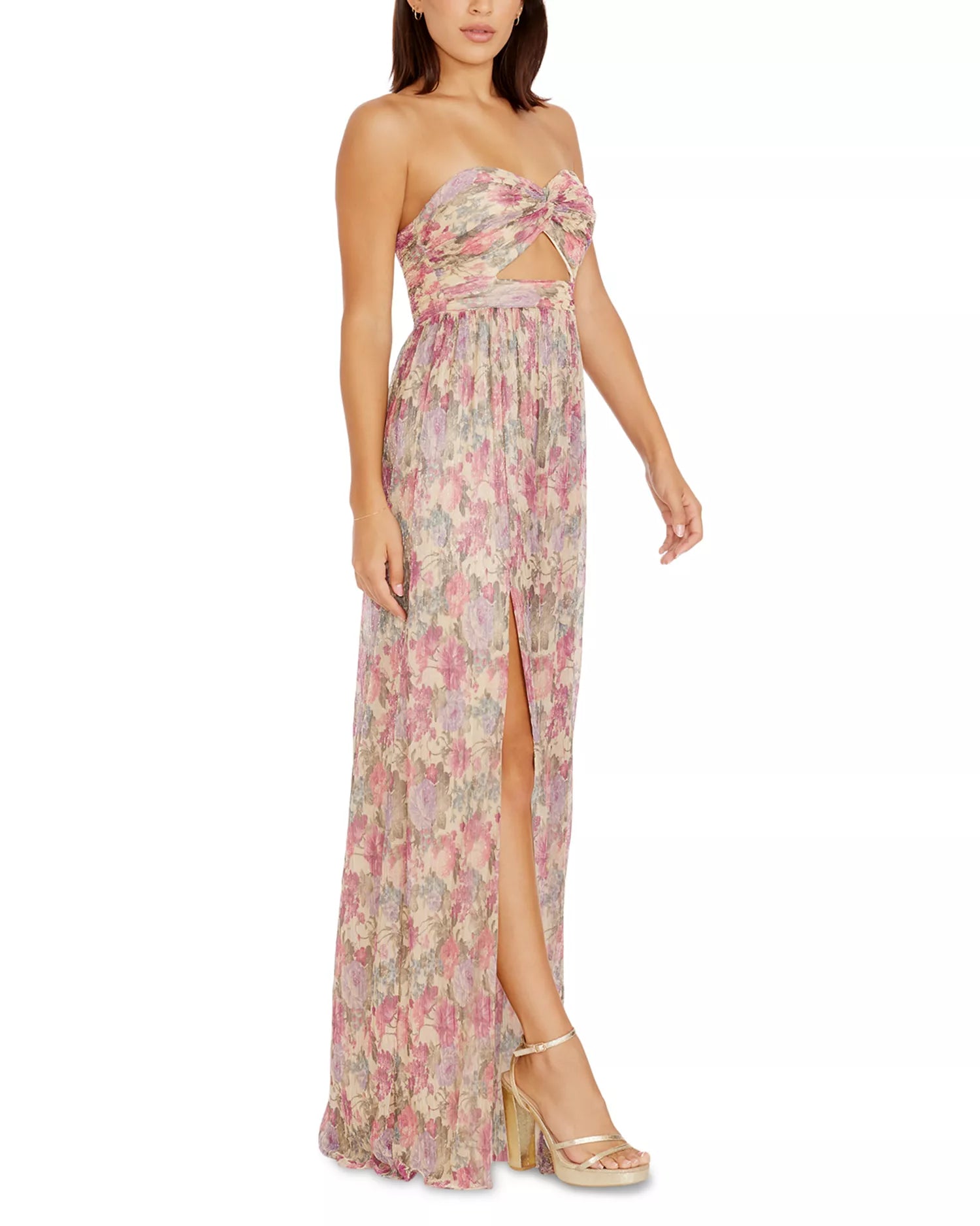 Romantic Flowy Floral Strapless Twist-Front Cutout Sleeveless High Slit Floor-Length Prom Dress