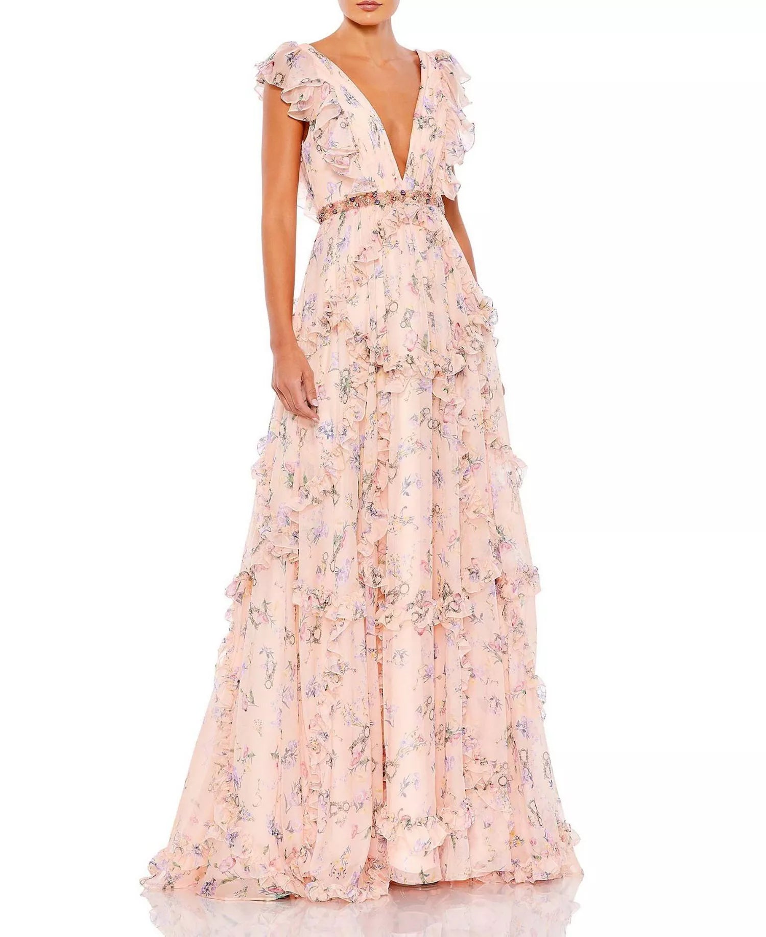 Romantic Flowy Floral V-Neck Ruffle Cap Sleeve Beaded Waist Deep V-Back Floor-Length Prom Dress