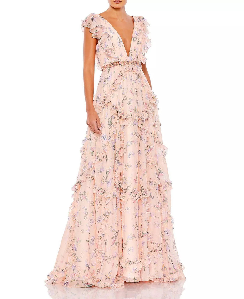 Blushing Pink Chiffon A-Line Floor-Length Bridesmaid Dress with Tiered Ruffles