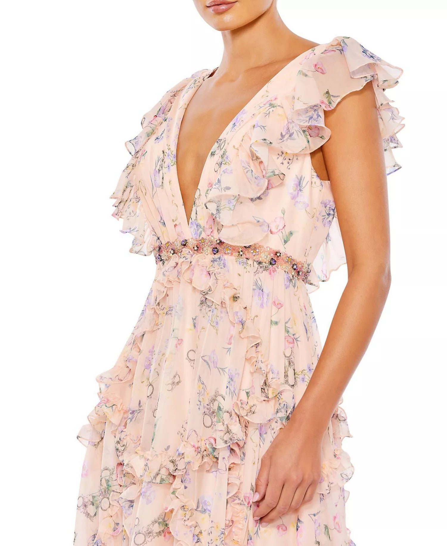 Romantic Flowy Floral V-Neck Ruffle Cap Sleeve Beaded Waist Deep V-Back Floor-Length Prom Dress