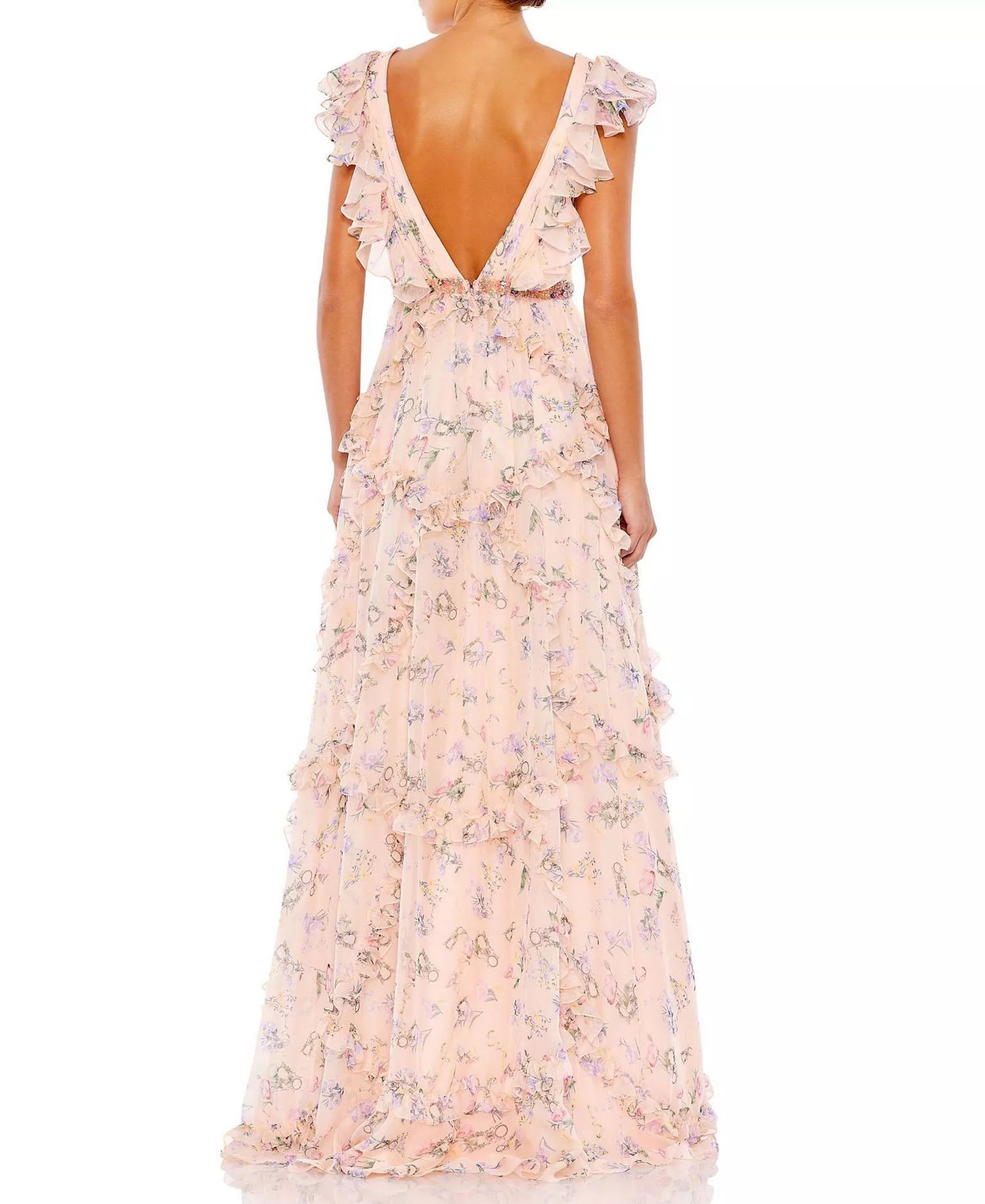 Romantic Flowy Floral V-Neck Ruffle Cap Sleeve Beaded Waist Deep V-Back Floor-Length Prom Dress