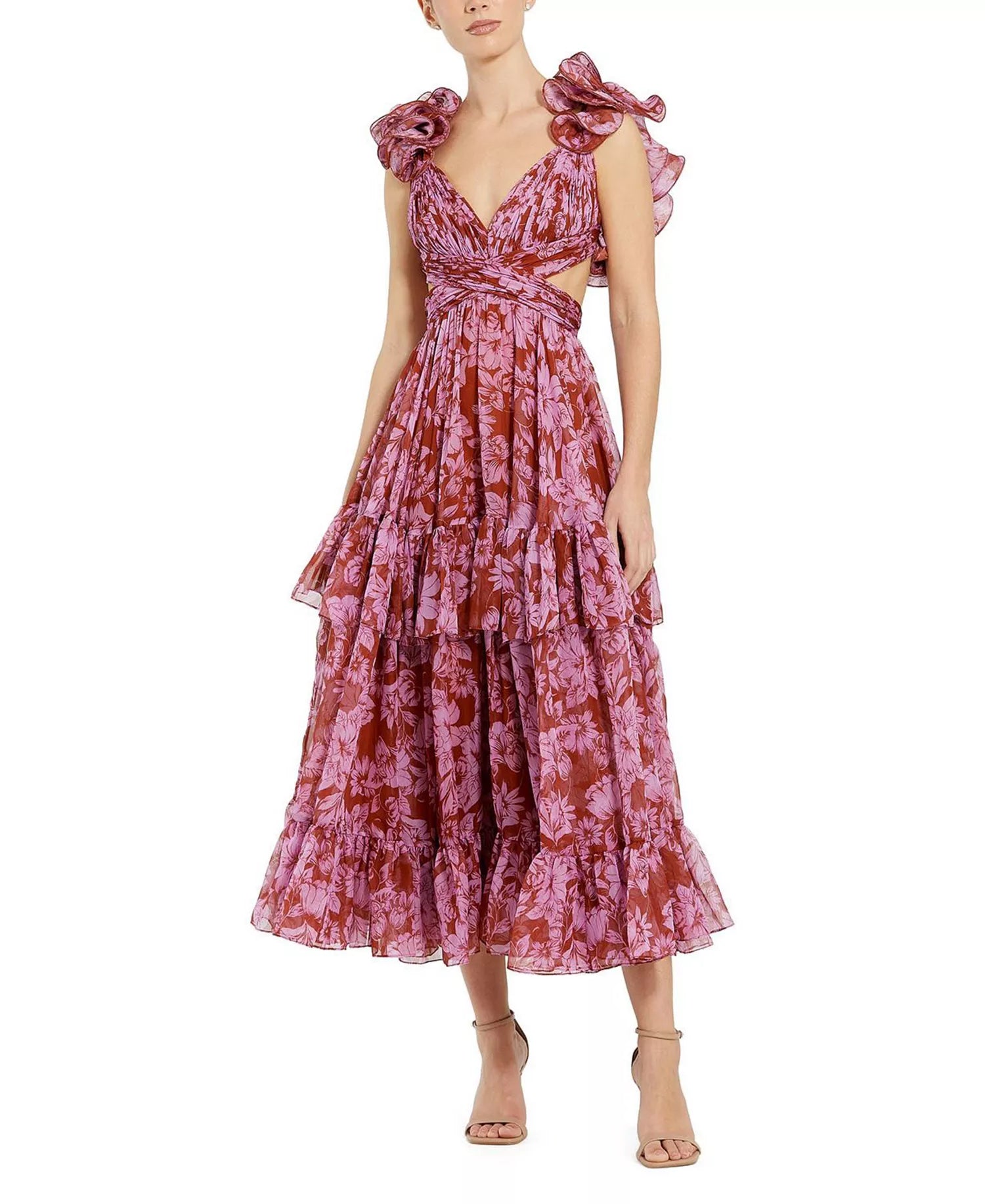 Romantic Flowy V-Neck Ruffle Strap Lace-Up Back Tiered Midi Prom Dress