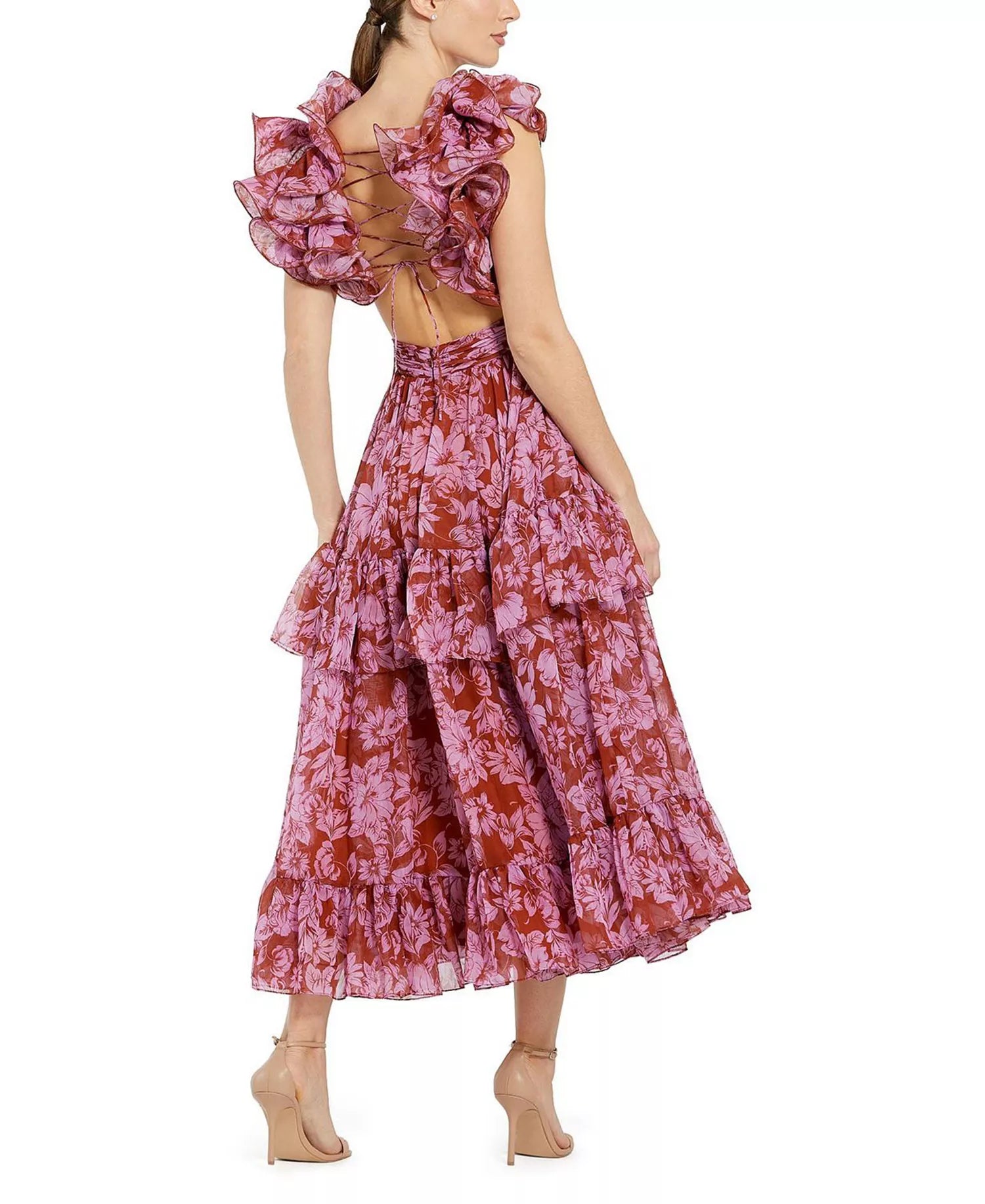 Romantic Flowy V-Neck Ruffle Strap Lace-Up Back Tiered Midi Prom Dress