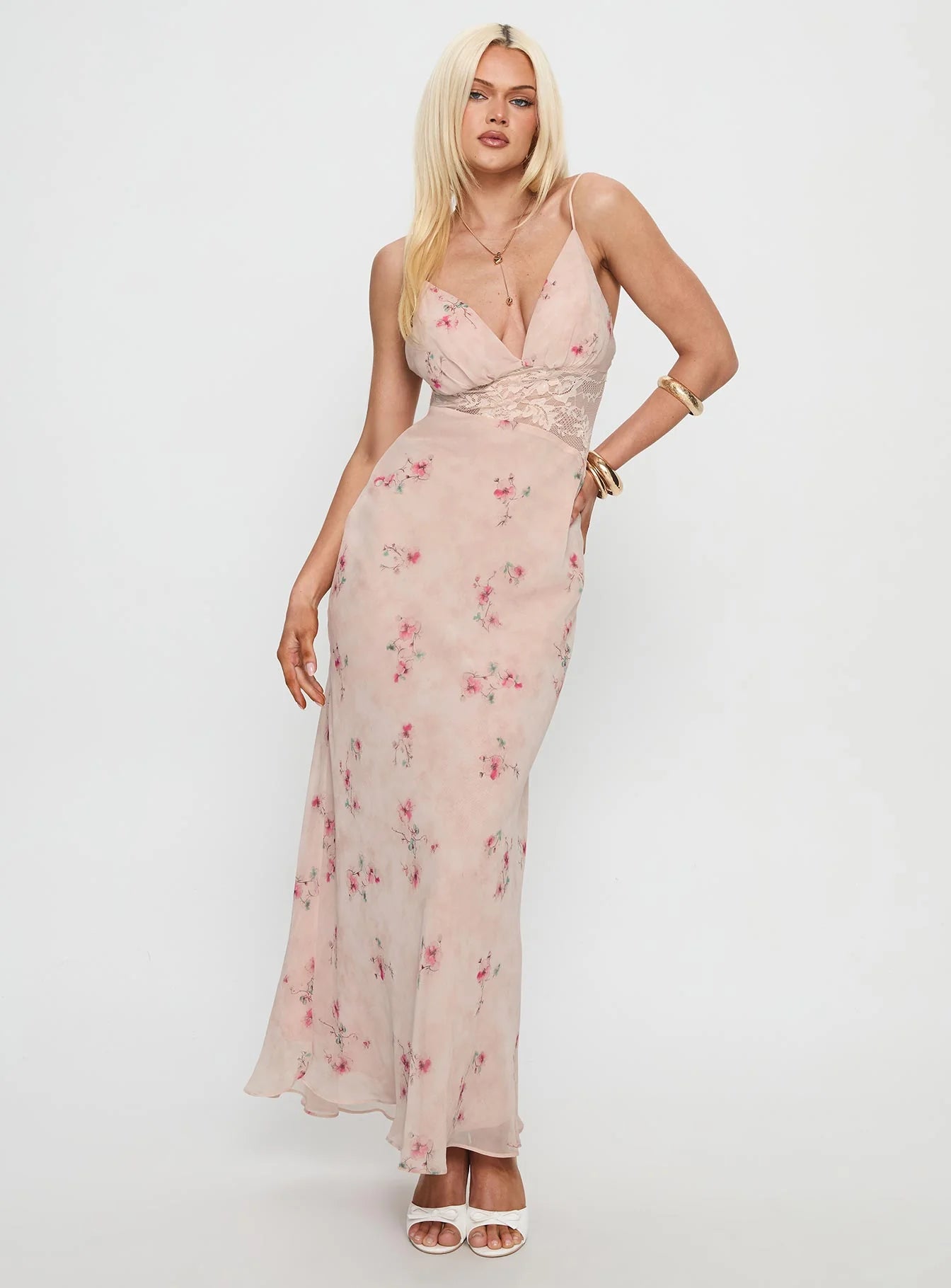 Romantic Flowy V-Neck Spaghetti Strap Lace Waist Maxi Floral Print Prom Dress