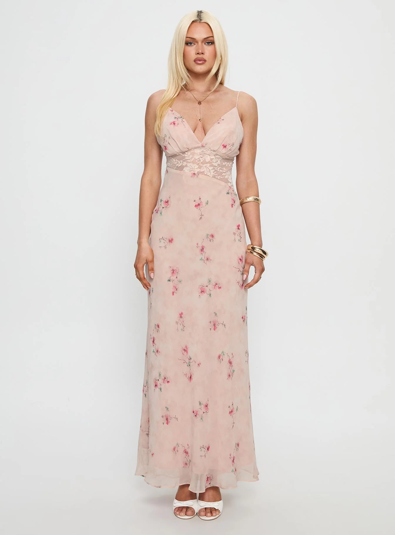 Romantic Flowy V-Neck Spaghetti Strap Lace Waist Maxi Floral Print Prom Dress