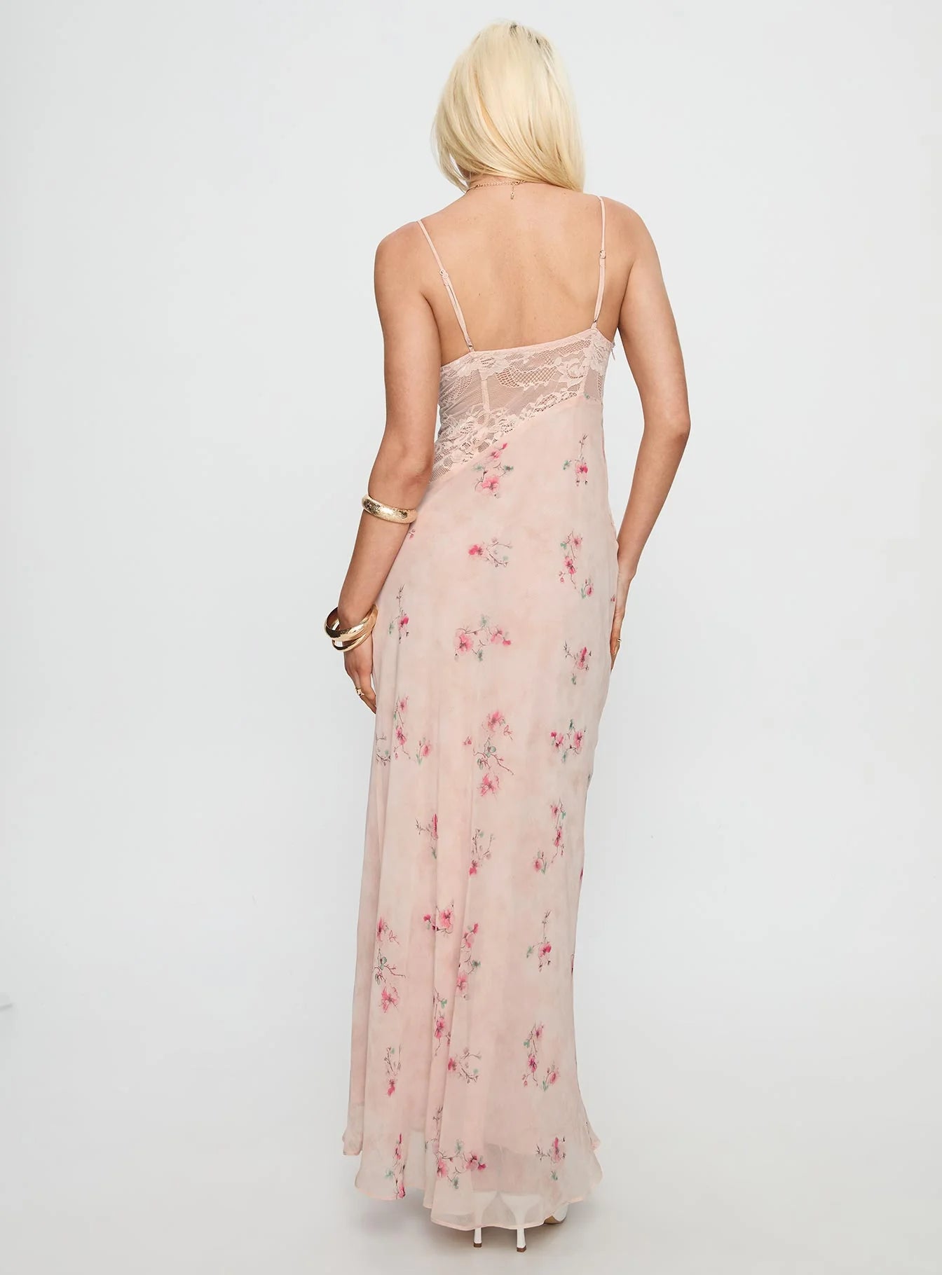 Romantic Flowy V-Neck Spaghetti Strap Lace Waist Maxi Floral Print Prom Dress
